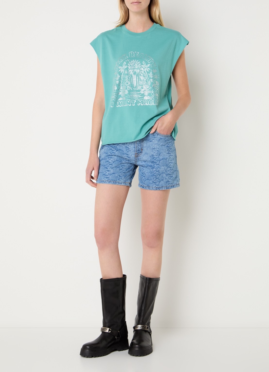 Zadig&Voltaire Cloe Cascade T-shirt met print en strass - voorkant 3 turquoise