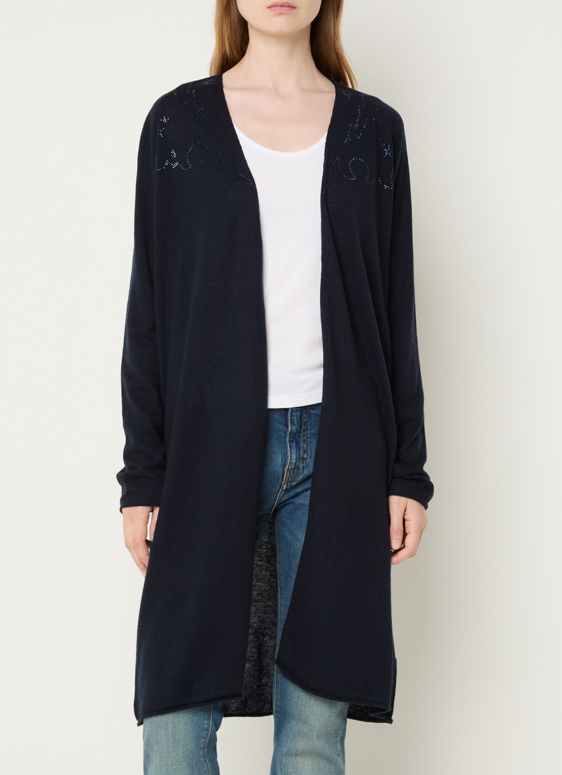 Zadig&Voltaire Daffy fijngebreid vest van kasjmier met strass - detail donkerblauw
