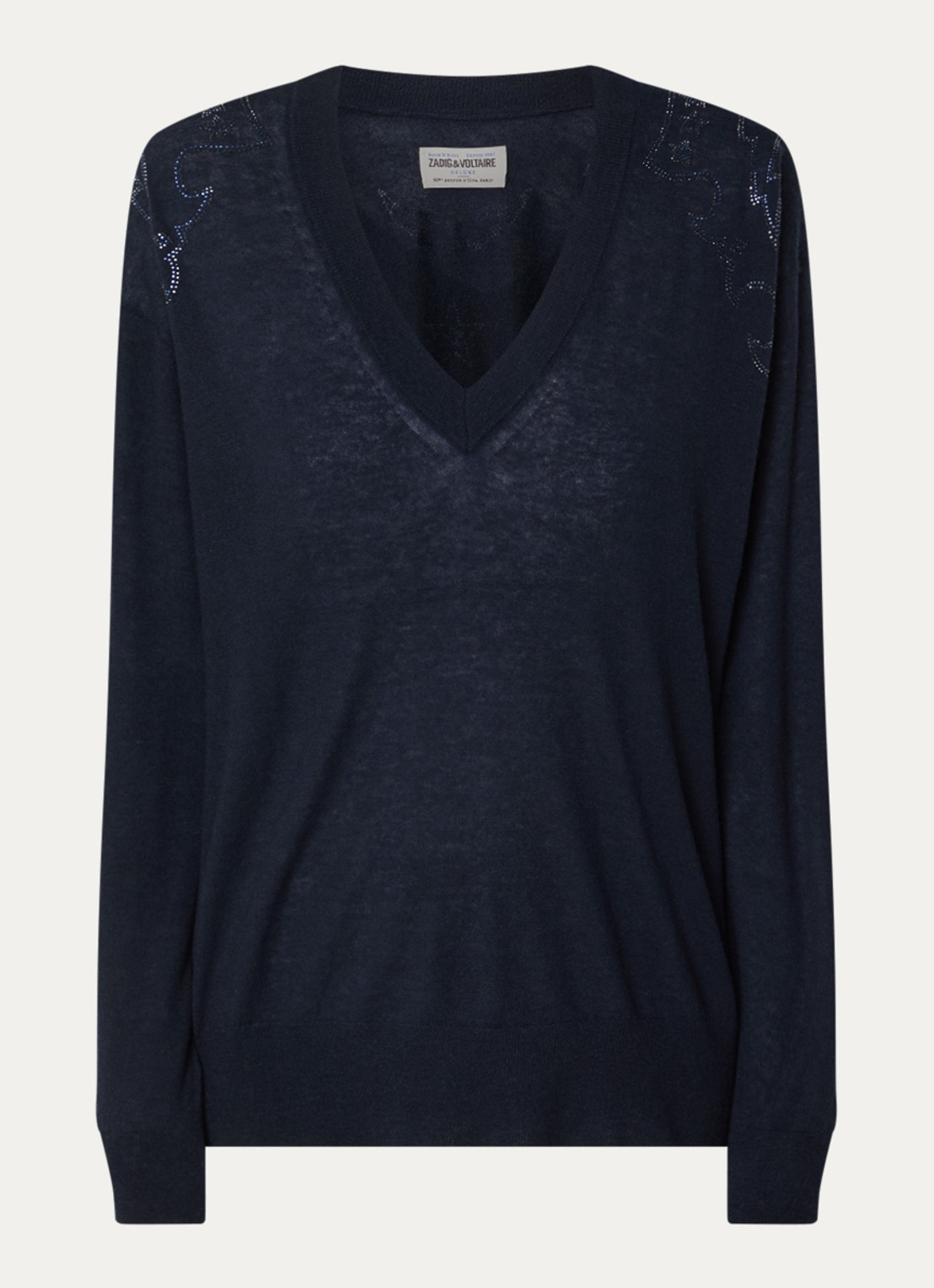 Zadig&Voltaire Fijngebreide pullover van kasjmier met strass - voorkant 3 donkerblauw