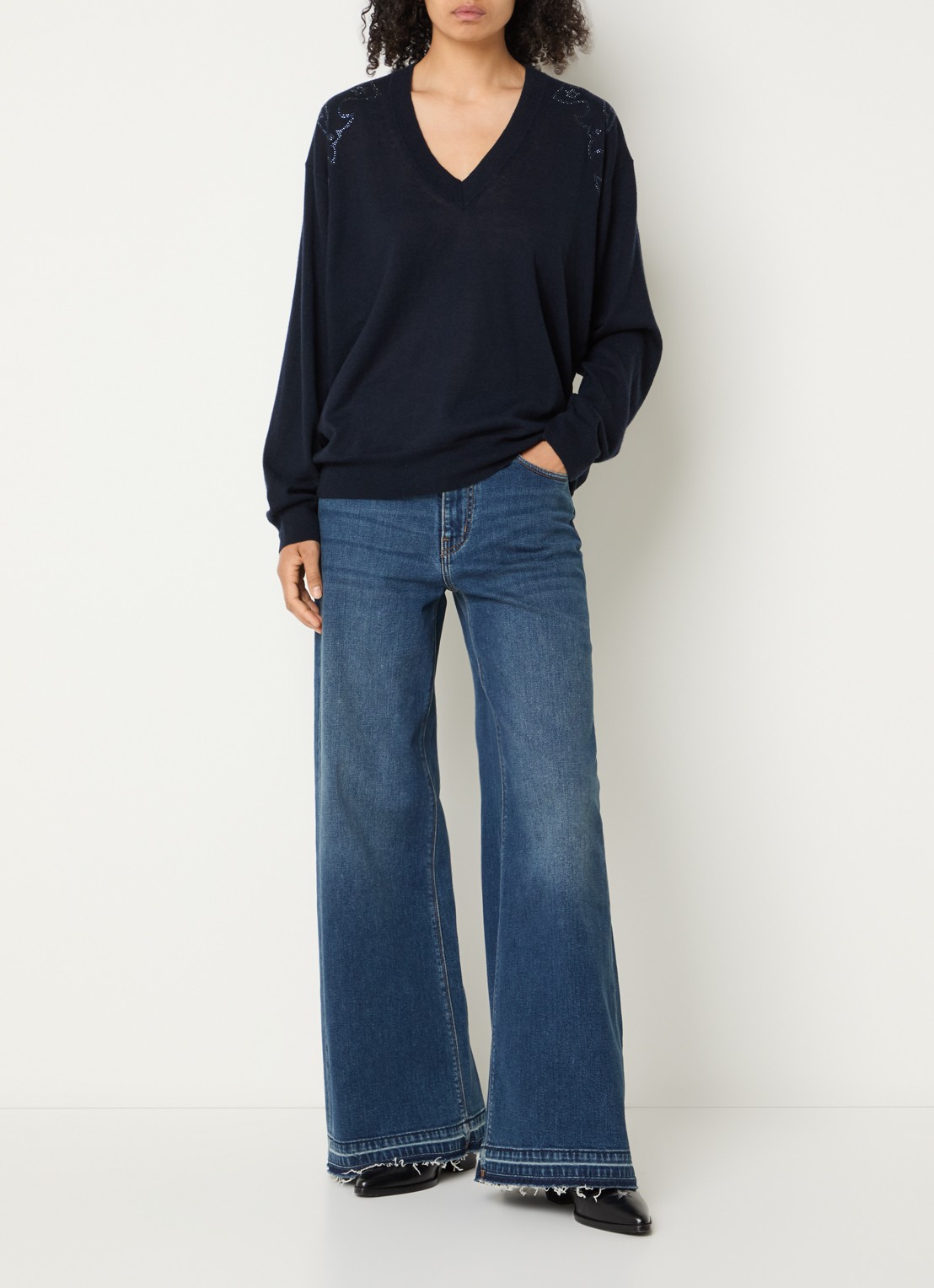 Zadig&Voltaire Fijngebreide pullover van kasjmier met strass - voorkant 4 donkerblauw