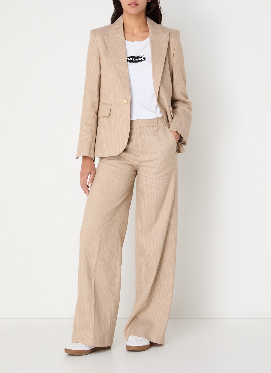Zadig&Voltaire High waist wide fit pantalon met streepprint en lurex - voorkant 2 beige