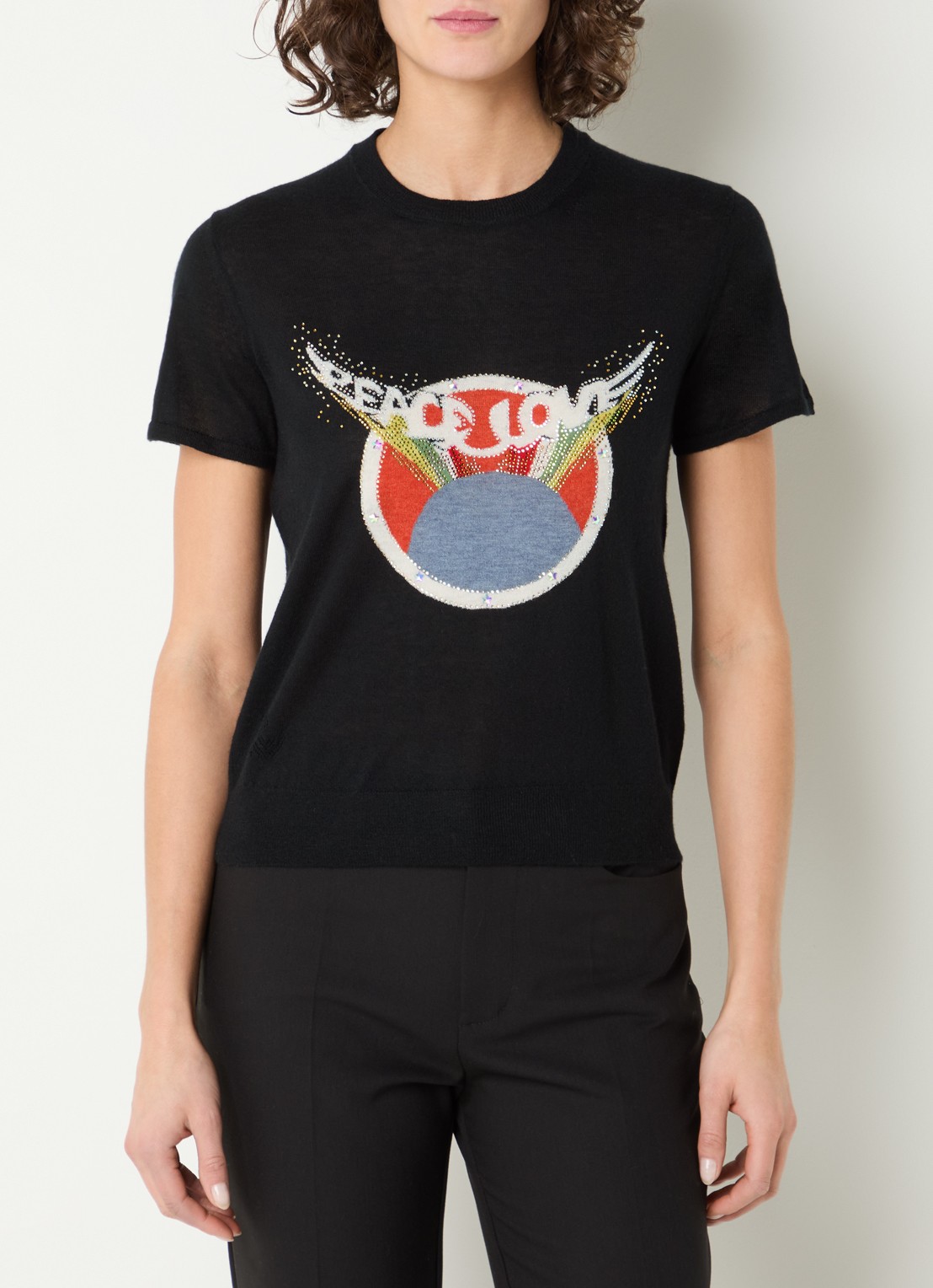 Zadig&Voltaire Idal fijngebreid T-shirt van kasjmier met ingebreide print en strass - detail 3 zwart