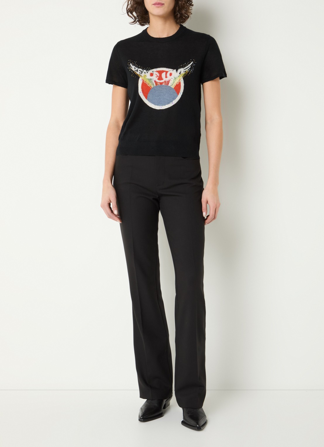 Zadig&Voltaire Idal fijngebreid T-shirt van kasjmier met ingebreide print en strass - voorkant 2 zwart