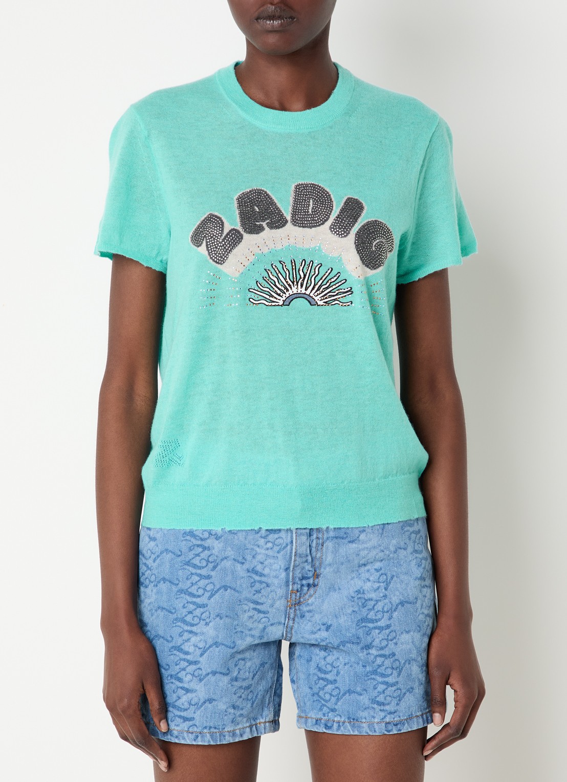 Zadig&Voltaire Idal fijngebreide trui van kasjmier met logo en strass - detail 4 turquoise