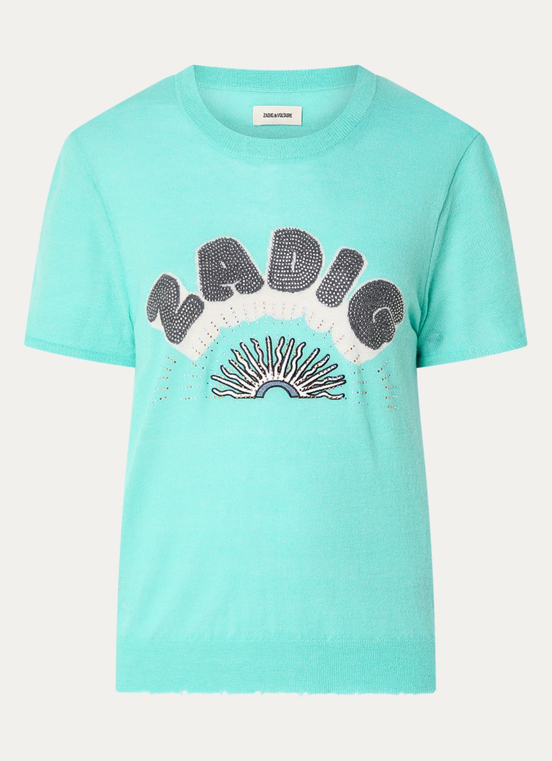 Zadig&Voltaire Idal fijngebreide trui van kasjmier met logo en strass - voorkant 2 turquoise