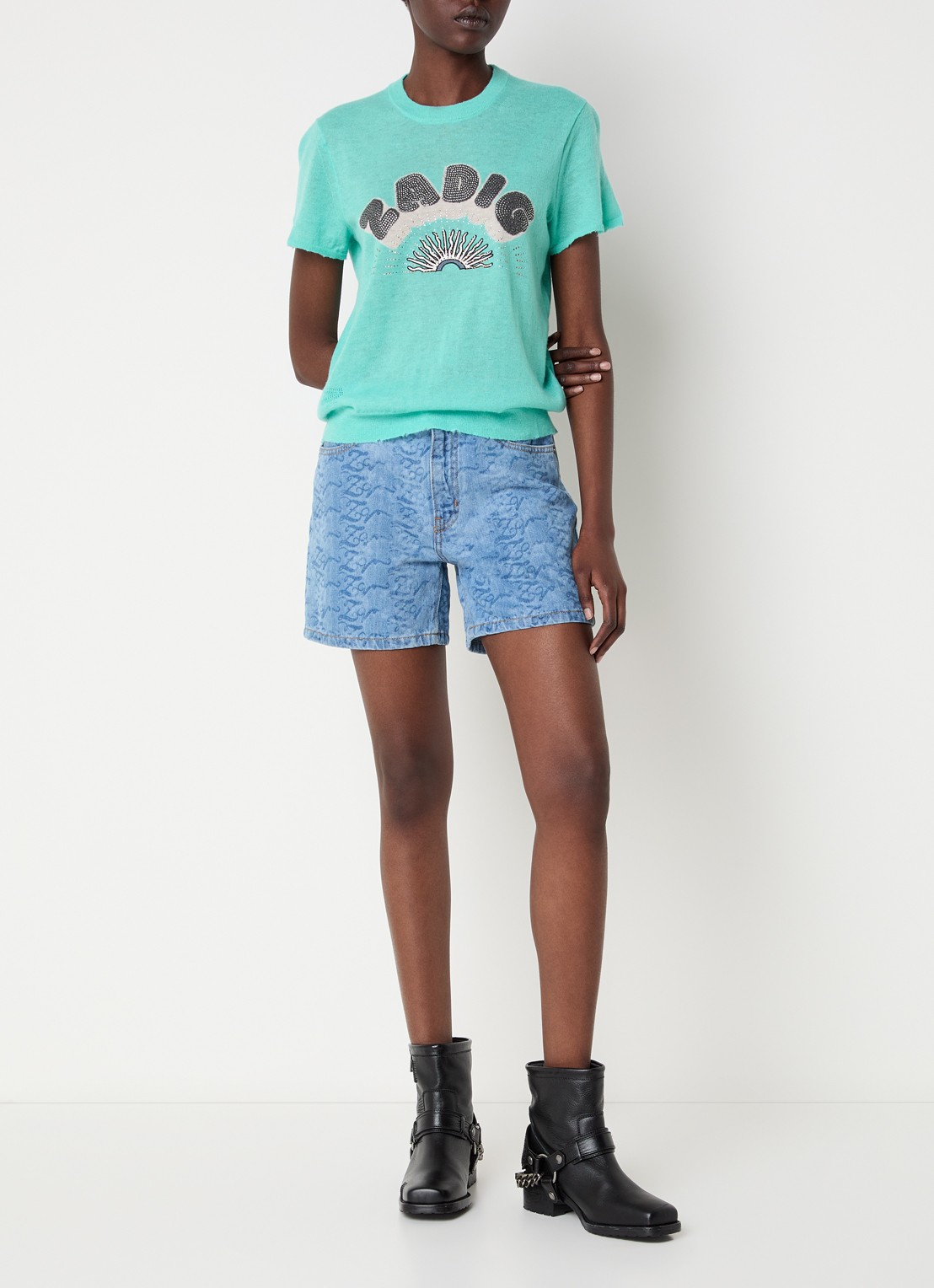 Zadig&Voltaire Idal fijngebreide trui van kasjmier met logo en strass - voorkant 3 turquoise