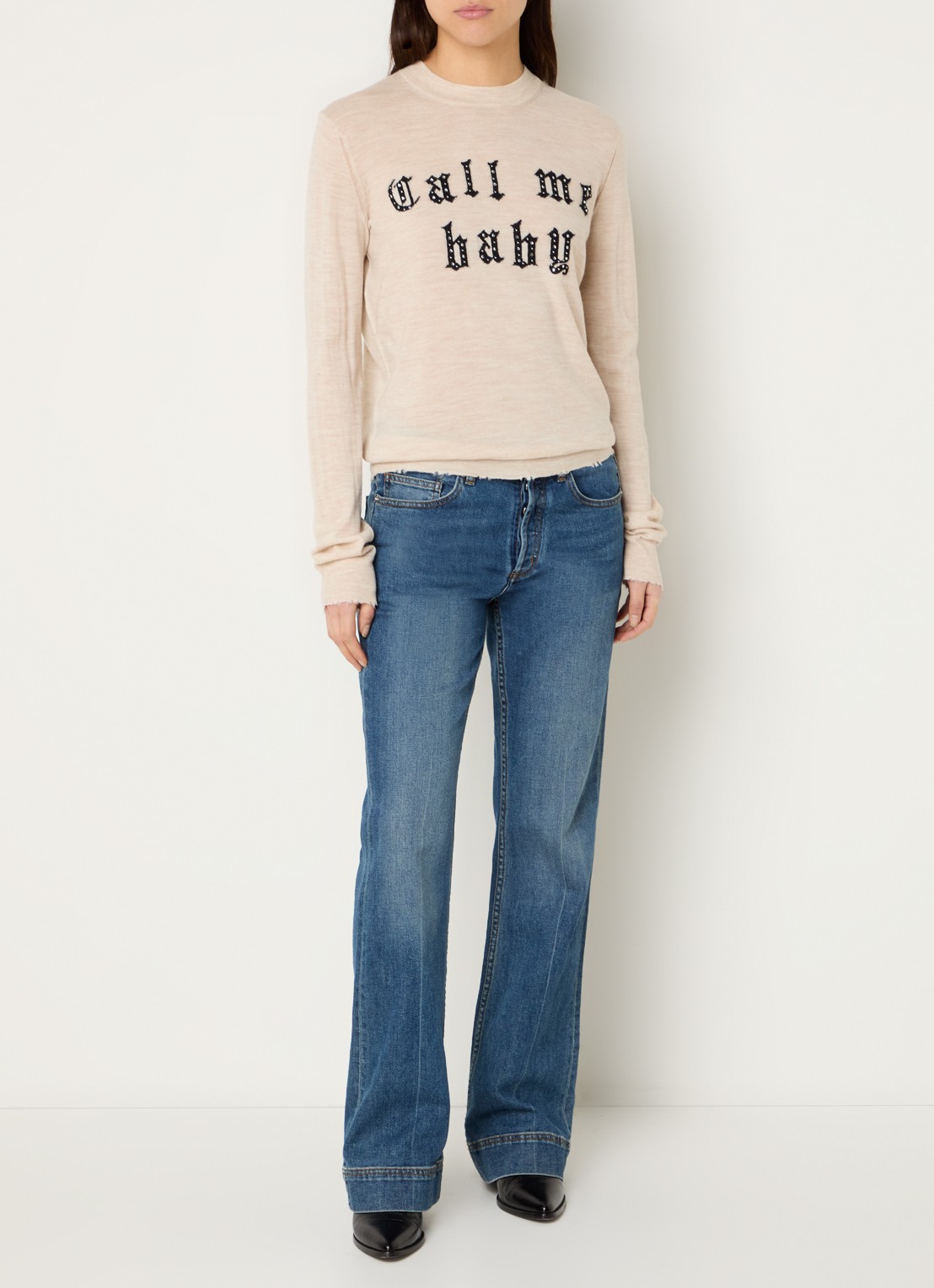 Zadig&Voltaire Ivy fijngebreide trui van merino wol met ingebreid patroon en strass - voorkant 3 beige