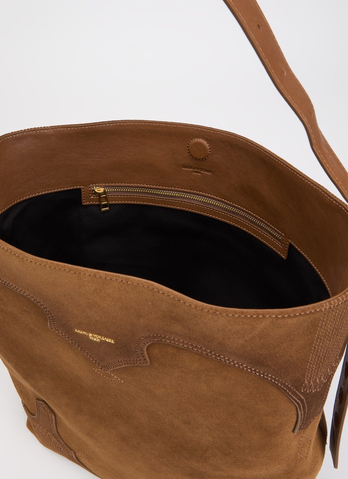Zadig&Voltaire Jane Hobo Weste schoudertas van suède met details van leer en verstelbare schouderriem - detail cognac