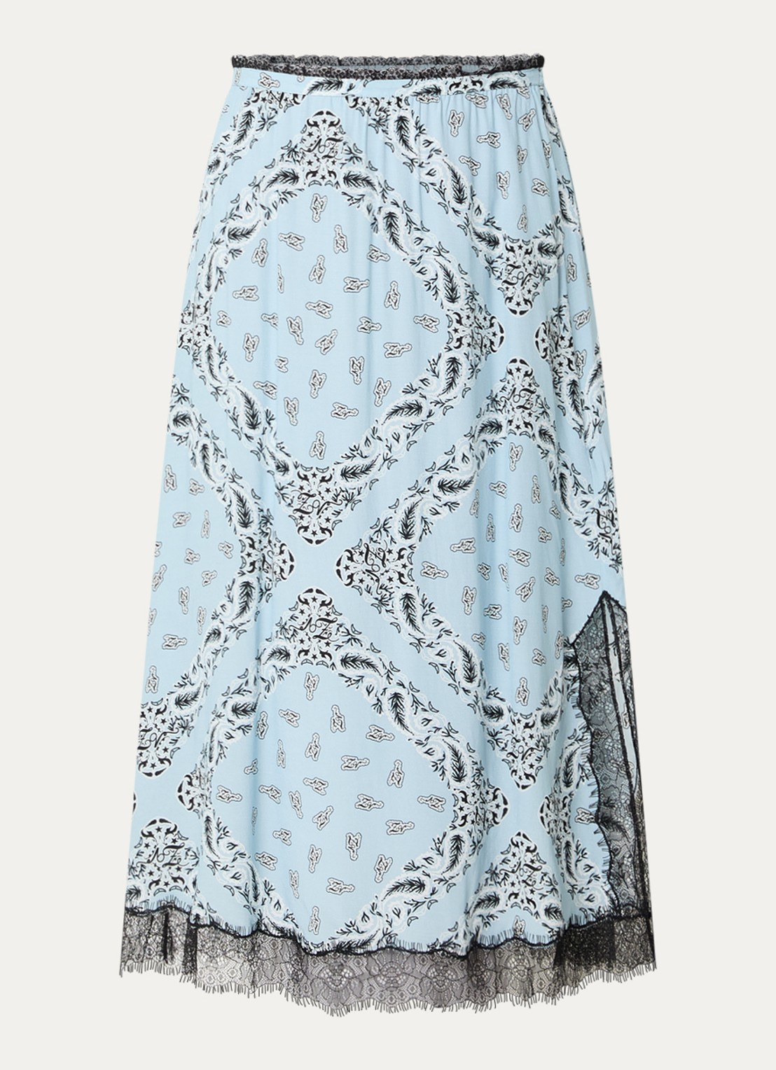 Zadig&Voltaire Jarvis midi rok met paisley dessin en split - voorkant lichtblauw
