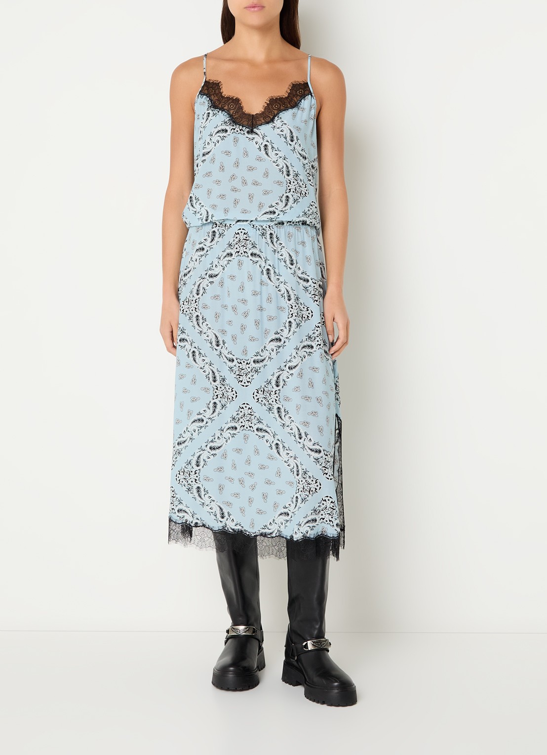 Zadig&Voltaire Jarvis midi rok met paisley dessin en split - voorkant 2 lichtblauw