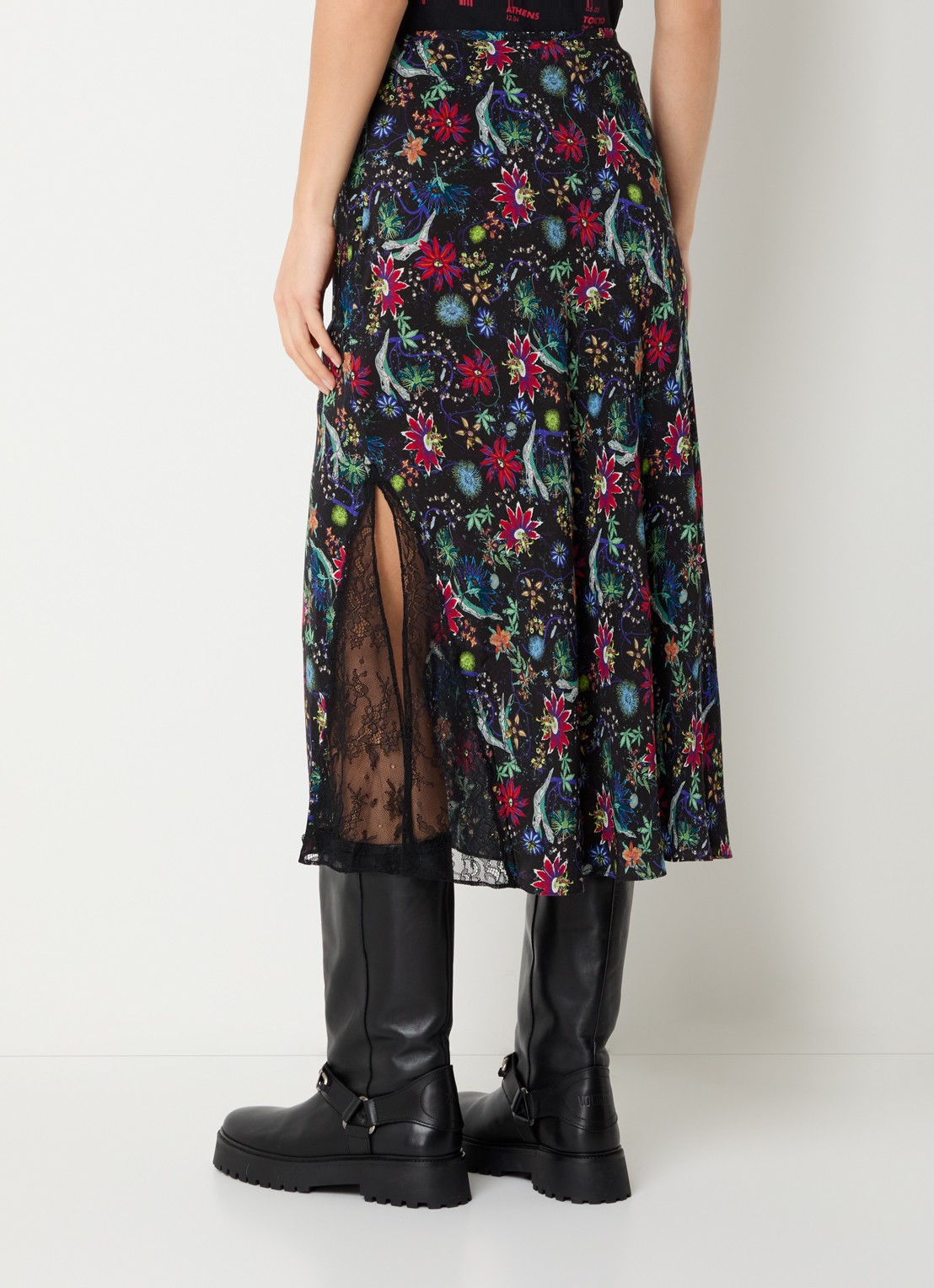 Zadig&Voltaire Jayla midi rok met bloemenprint en details van kant - achterkant 2 zalmroze