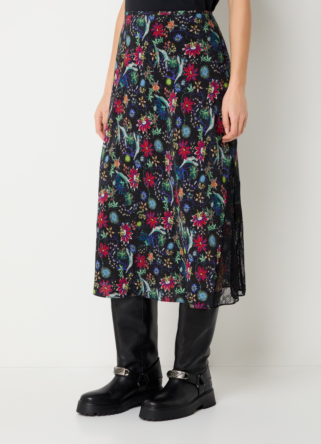 Zadig&Voltaire Jayla midi rok met bloemenprint en details van kant - detail zalmroze
