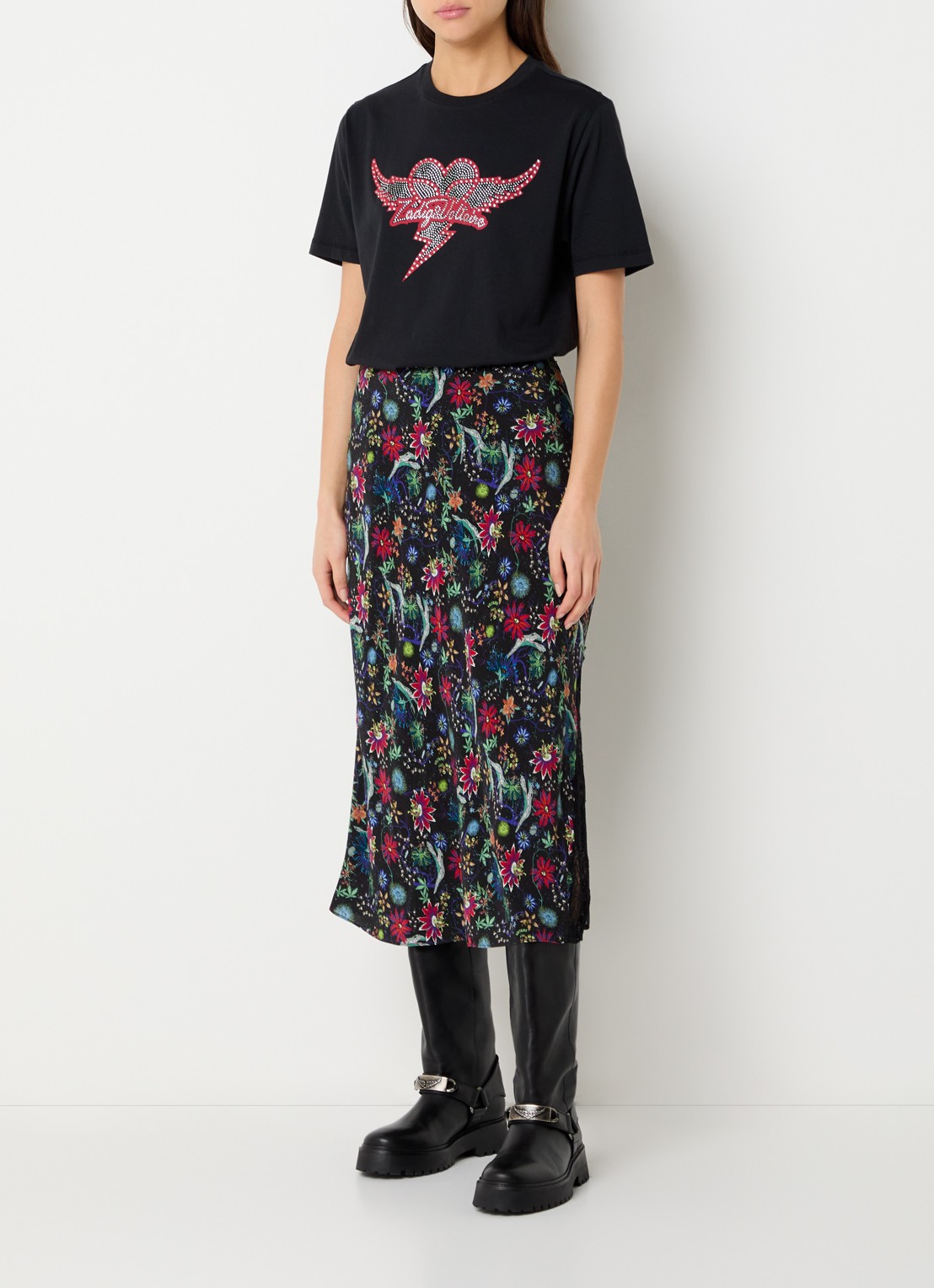 Zadig&Voltaire Jayla midi rok met bloemenprint en details van kant - voorkant 4 zalmroze