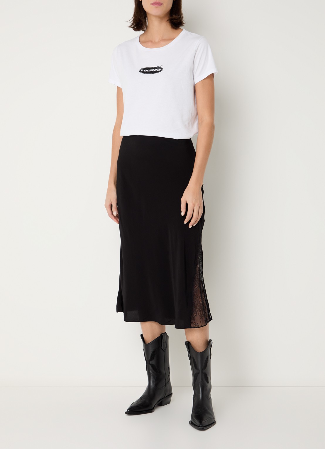 Zadig&Voltaire Jayla midi rok met details van kant - voorkant 3 zwart
