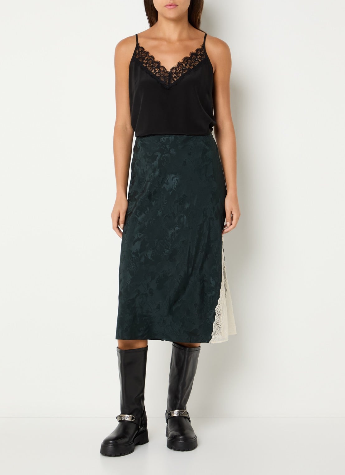Zadig&Voltaire Jayla midi rok van zijde met print en details van kant - voorkant 4 petrol