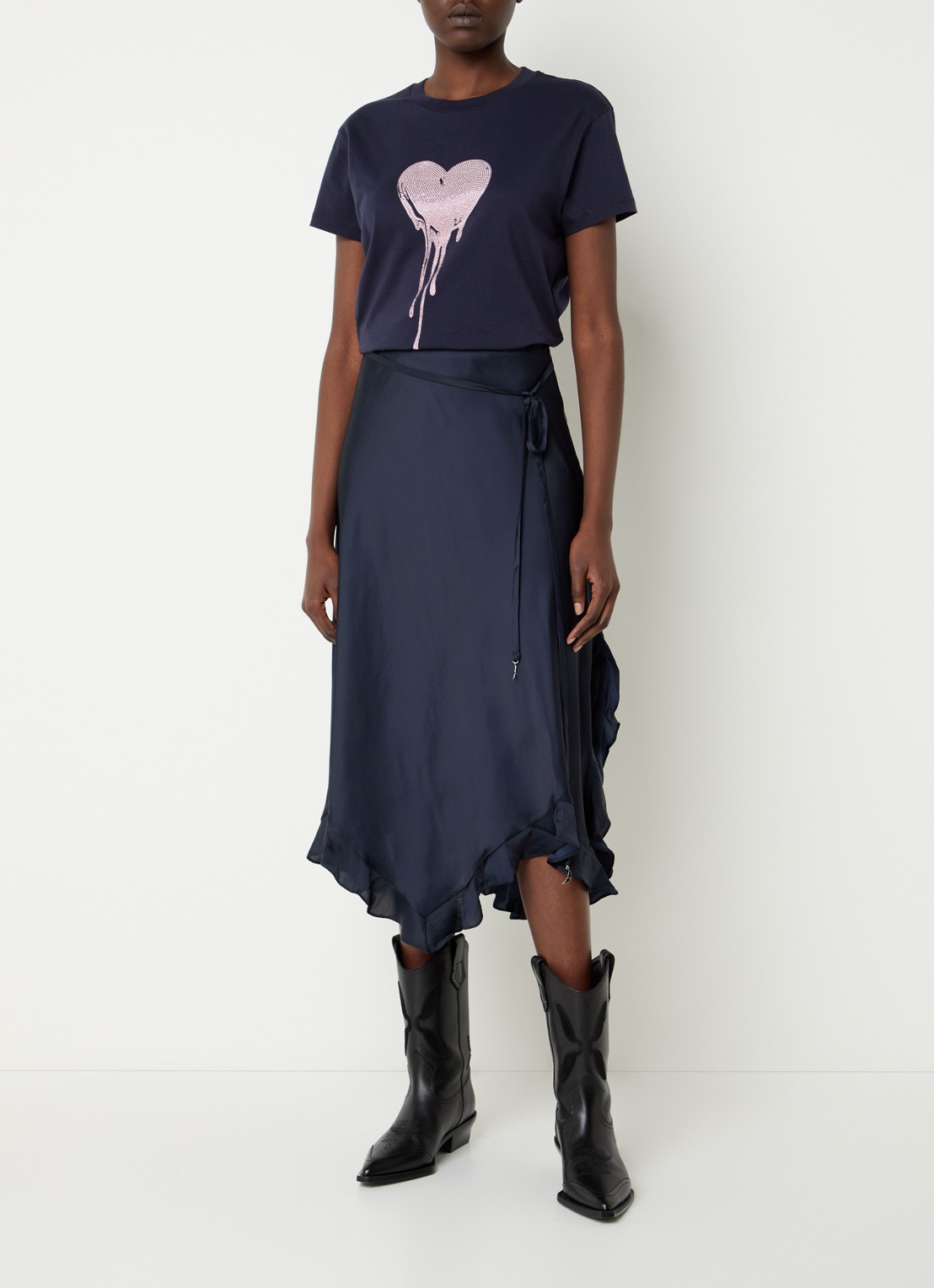 Zadig&Voltaire Jeto midi rok van satijn met asymmetrische zoom - voorkant 2 donkerblauw