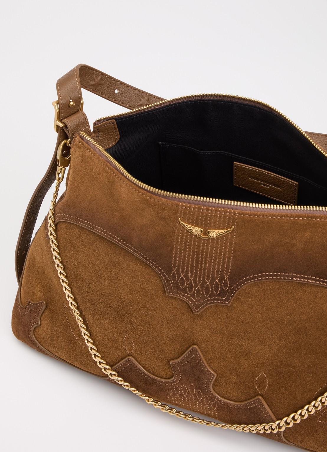 Zadig&Voltaire Jim Western crossbodytas van suède met verstelbare schouderriem - detail cognac