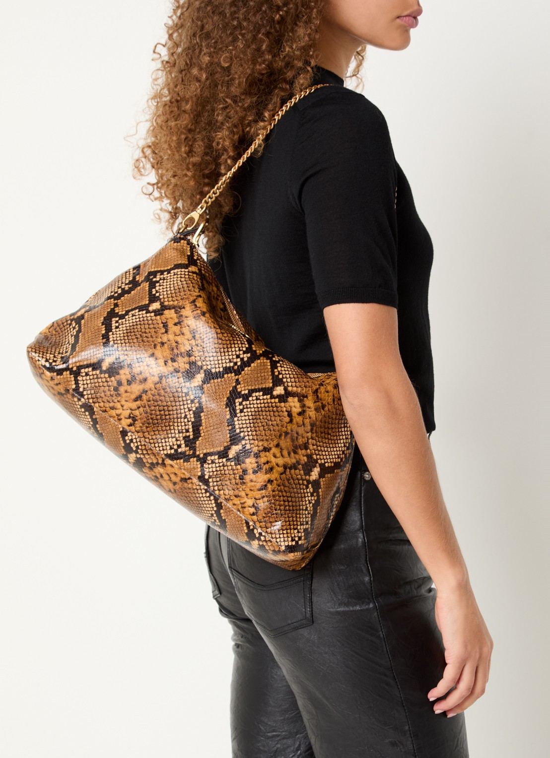 Zadig&Voltaire Jim Wild schoudertas van leer met slangenprint - voorkant 4 camel