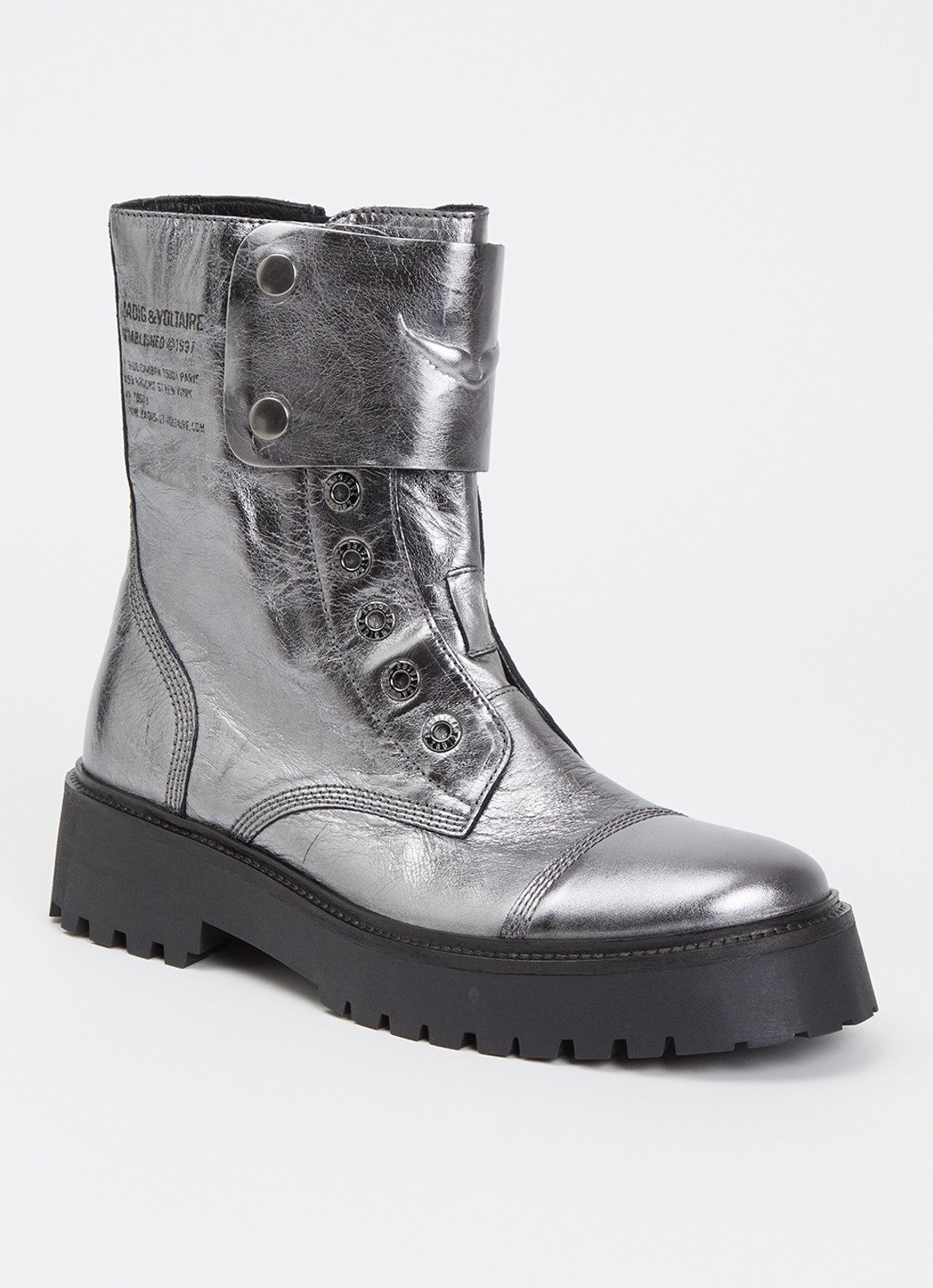 Zadig&Voltaire Joe Fast biker boot van leer met metallic finish - voorkant zilver
