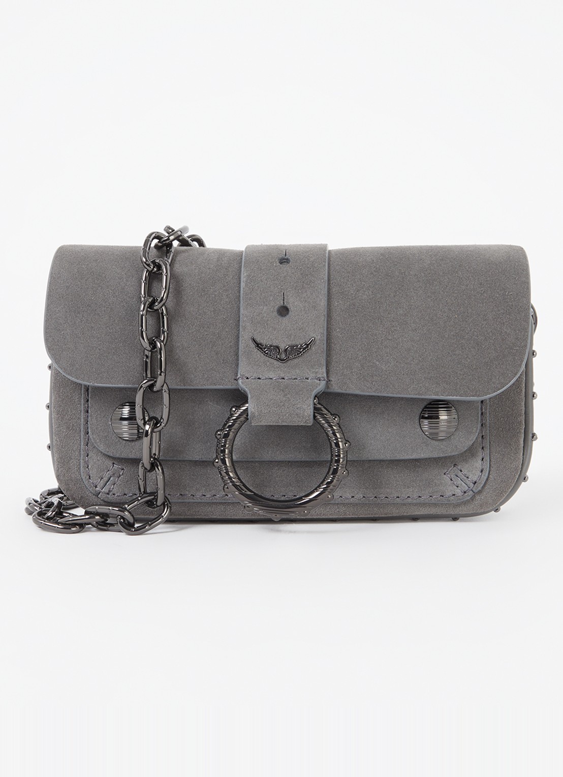 Zadig&Voltaire Kate clutch van kalfssuède met afneembare schouderriem - voorkant 2 grijs