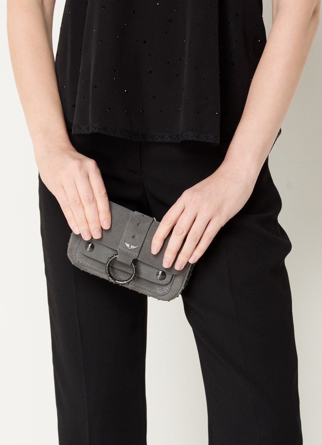 Zadig&Voltaire Kate clutch van kalfssuède met afneembare schouderriem - voorkant 4 grijs