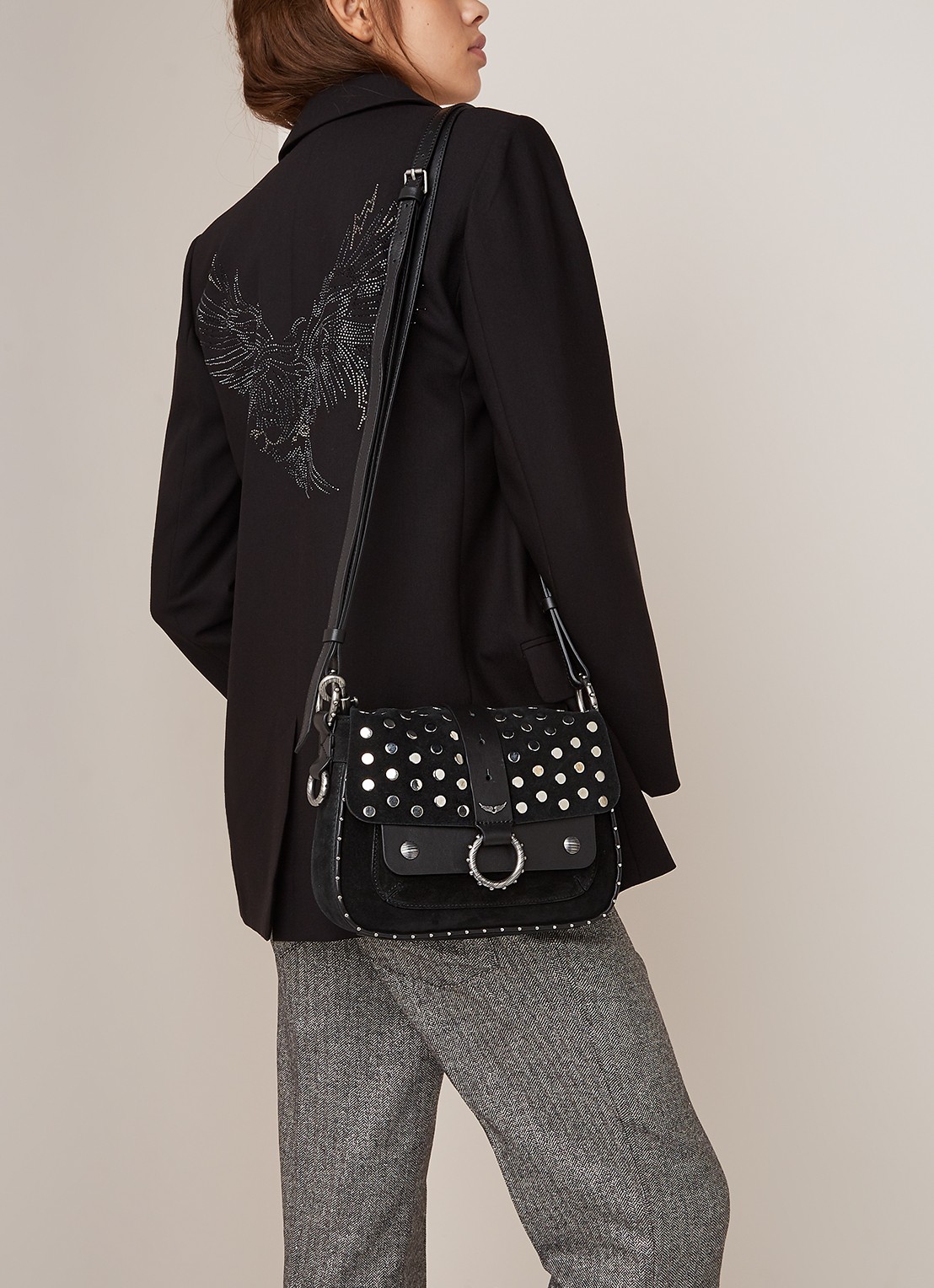 Zadig&Voltaire Kate crossbodytas van kalfssuède met studs - voorkant 3 zwart