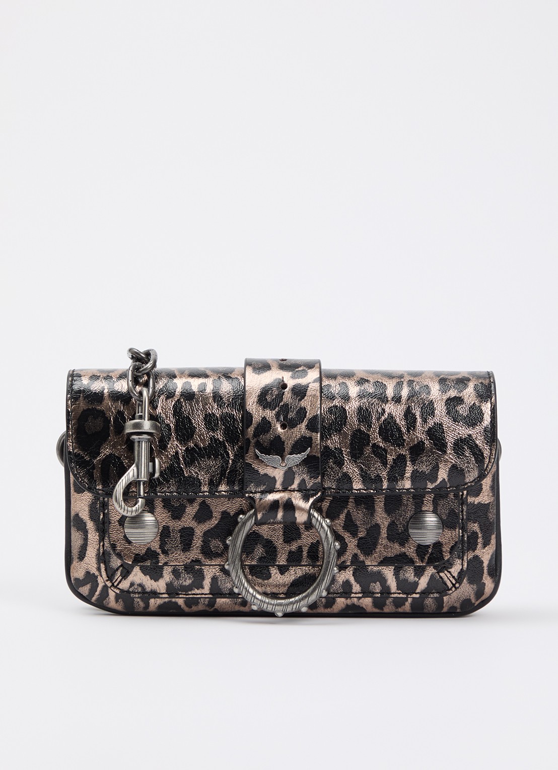 Zadig&Voltaire Kate Wallet clutch van leer met panterprint en metallic finish - voorkant bruin