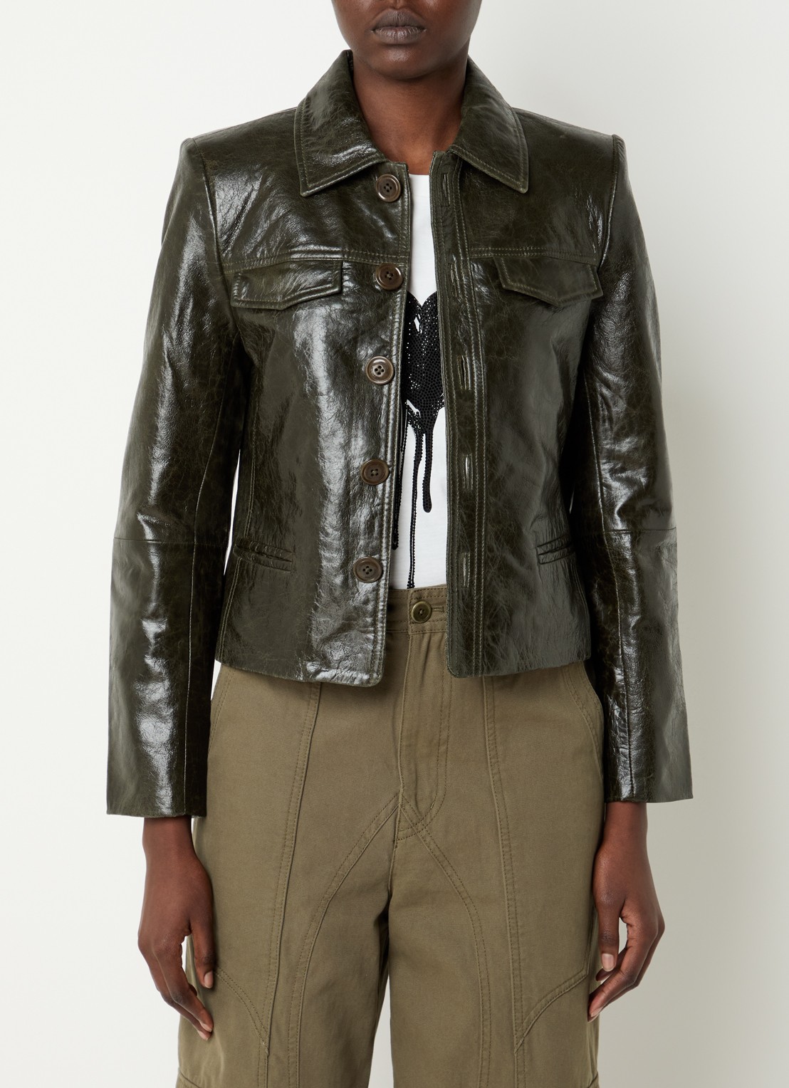 Zadig&Voltaire Liam jack van imitatieleer met borstzakken - detail 2 bronsgroen