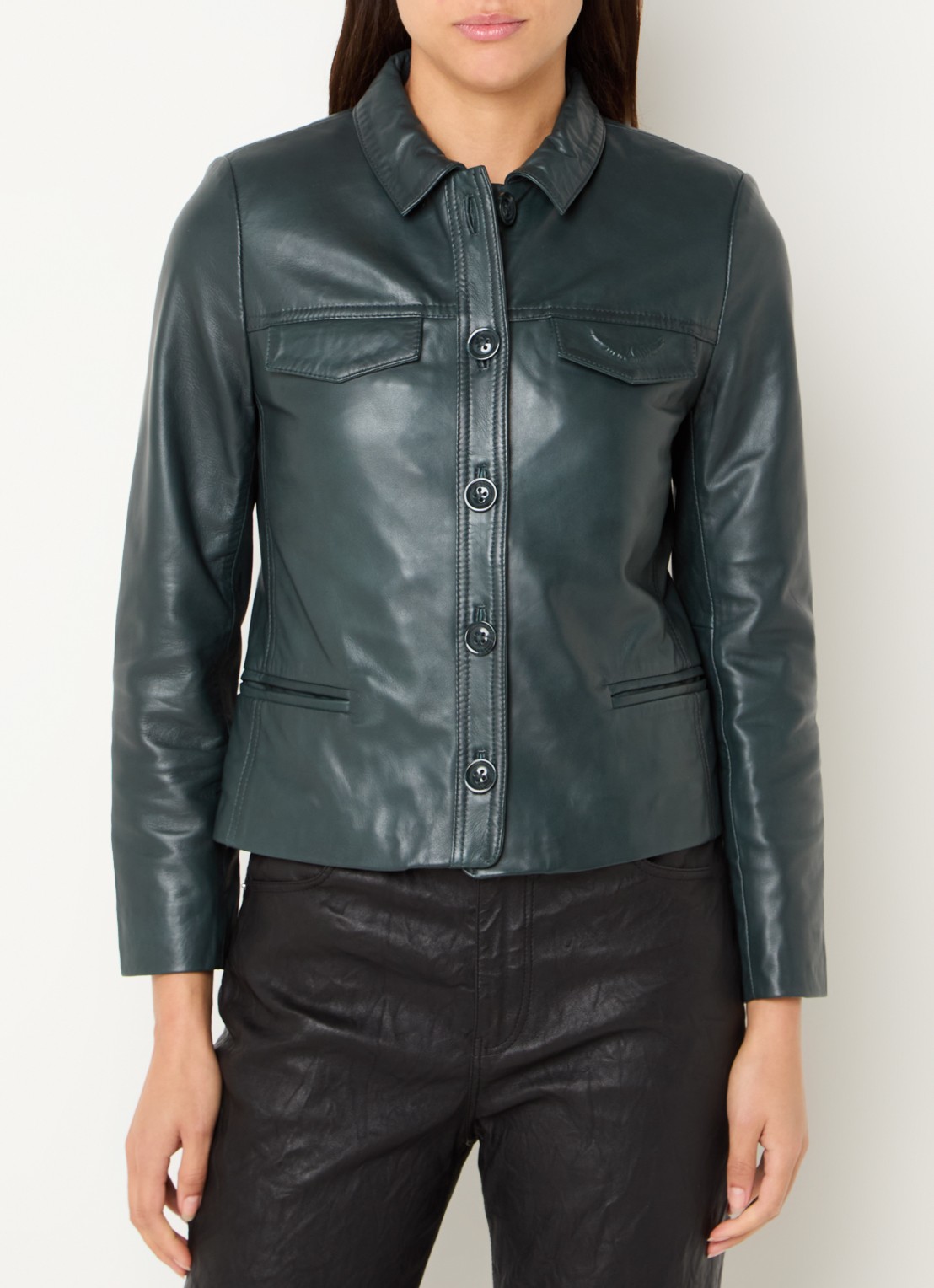 Zadig&Voltaire Liam jack van lamsleer met schoudervulling en paspelzakken - detail donkergroen