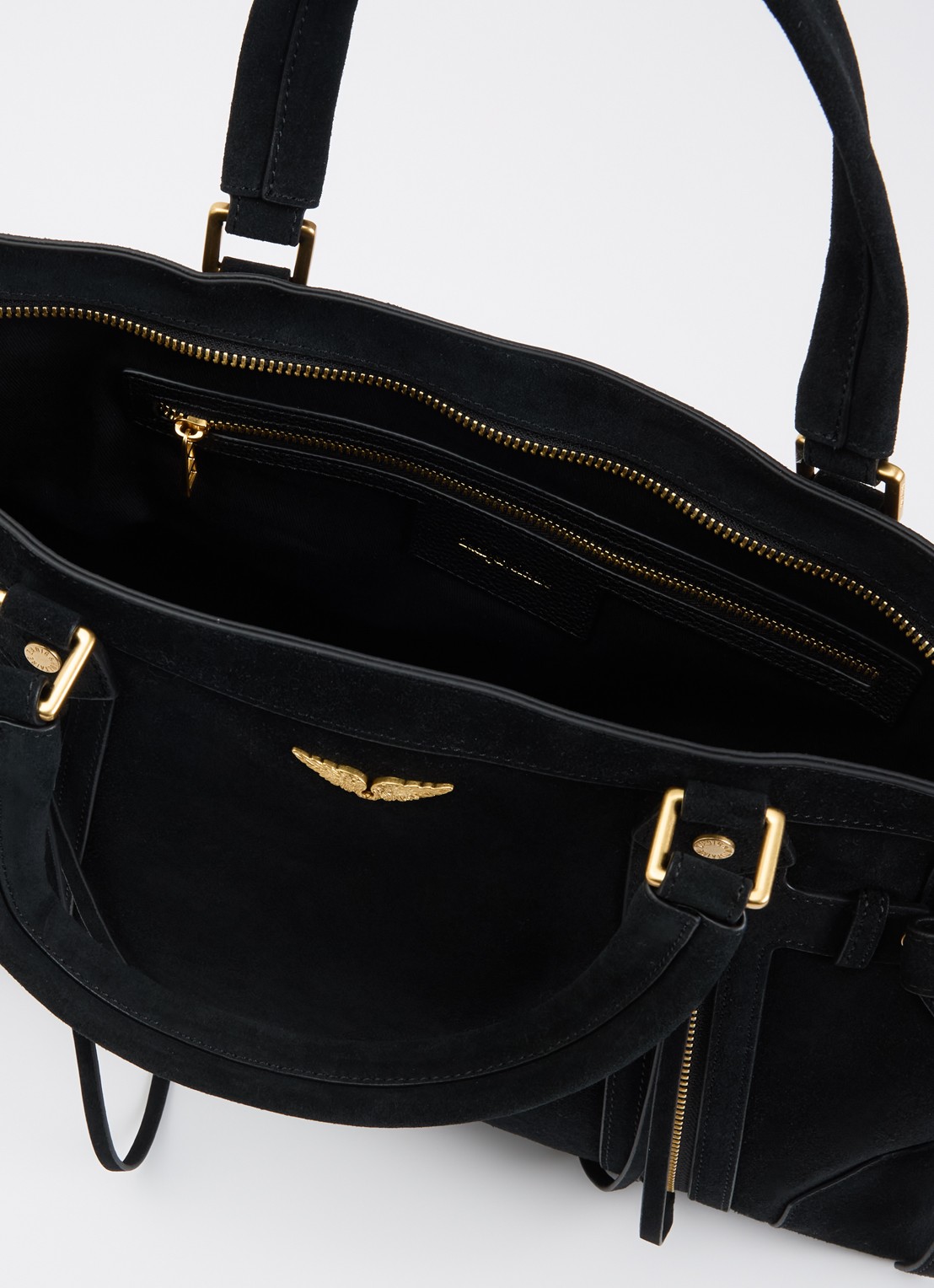 Zadig&Voltaire Madison Medium schoudertas van suède met afneembare schouderriem - detail zwart