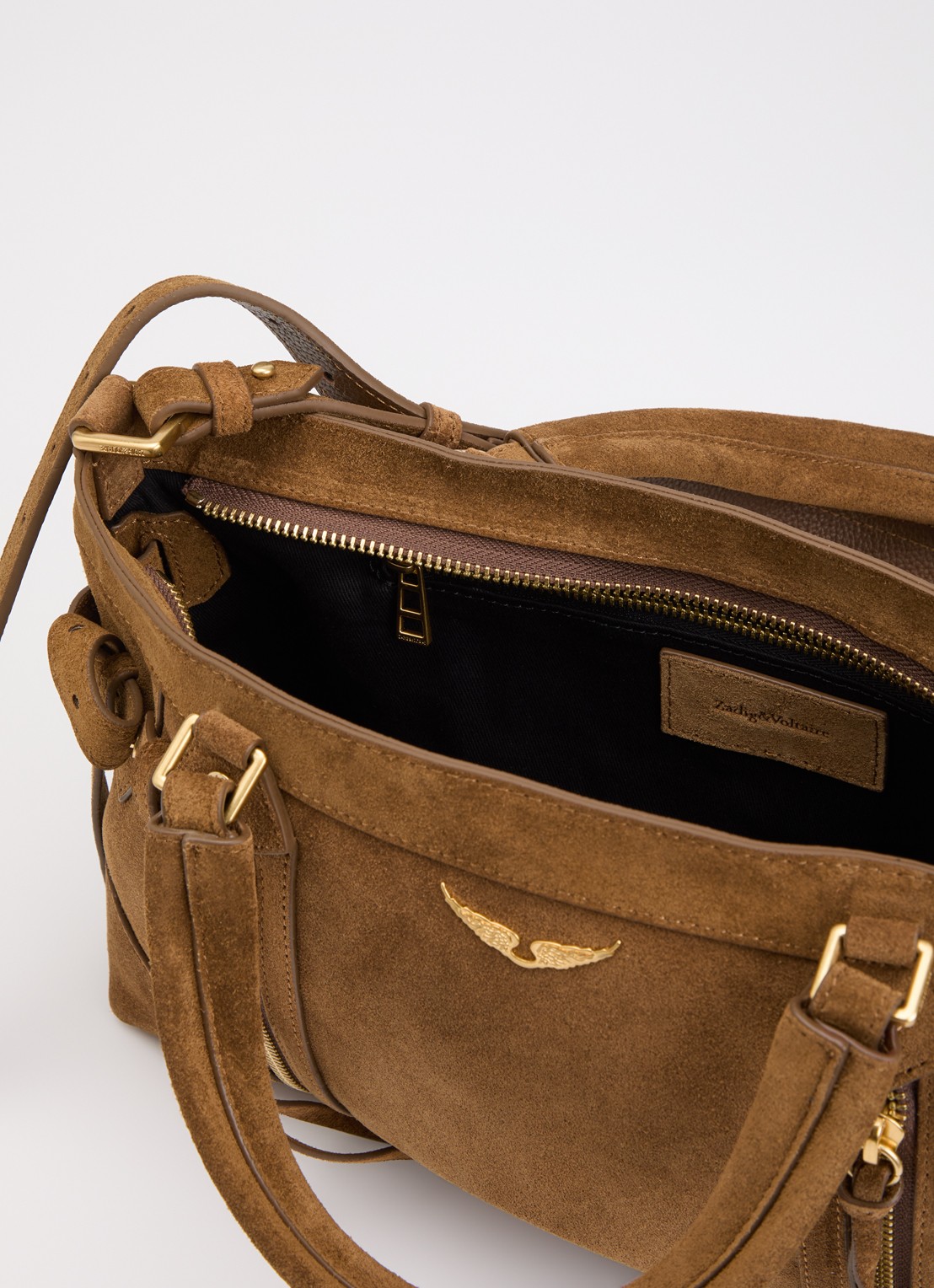 Zadig&Voltaire Madison small schoudertas van suède met verstelbare schouderriem - detail 2 camel