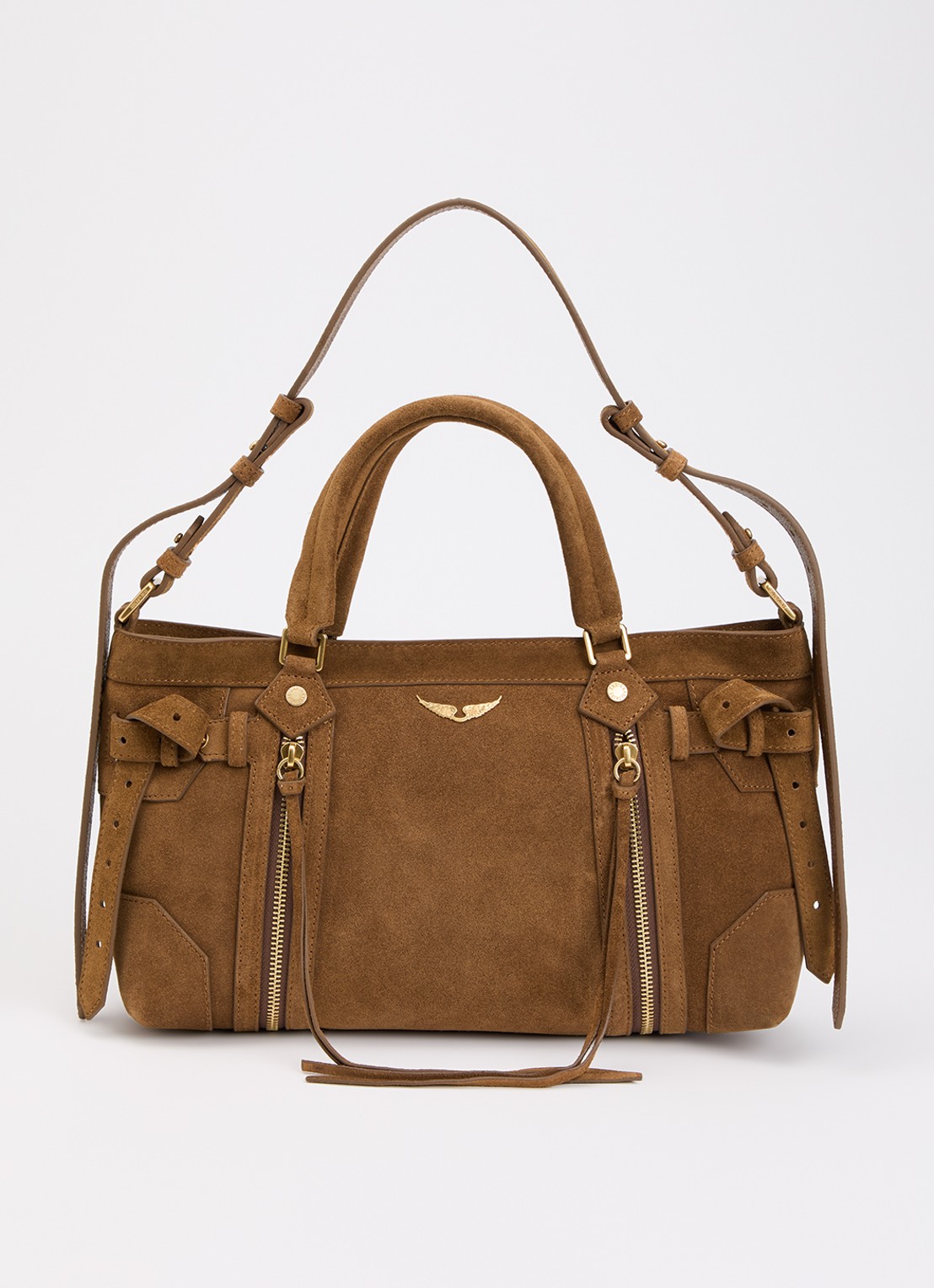 Zadig&Voltaire Madison small schoudertas van suède met verstelbare schouderriem - voorkant 5 camel