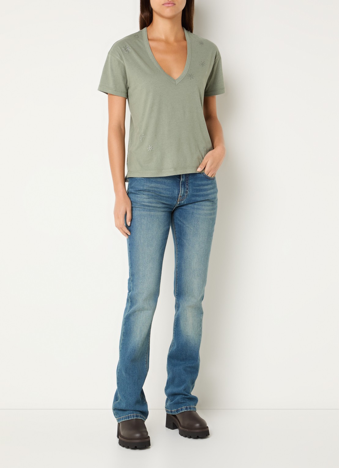 Zadig&Voltaire Marta T-shirt in linnenblend met details van strass - voorkant 4 lichtbruin