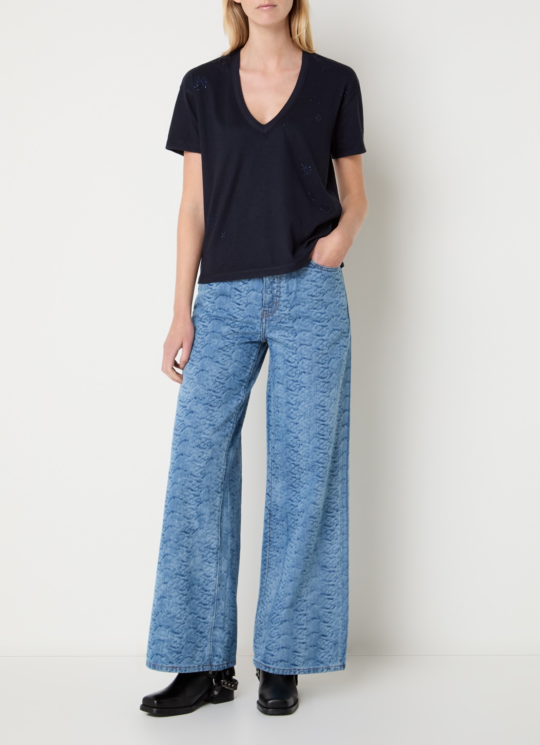 Zadig&Voltaire Marta T-shirt in linnenblend met details van strass - voorkant 3 royalblauw