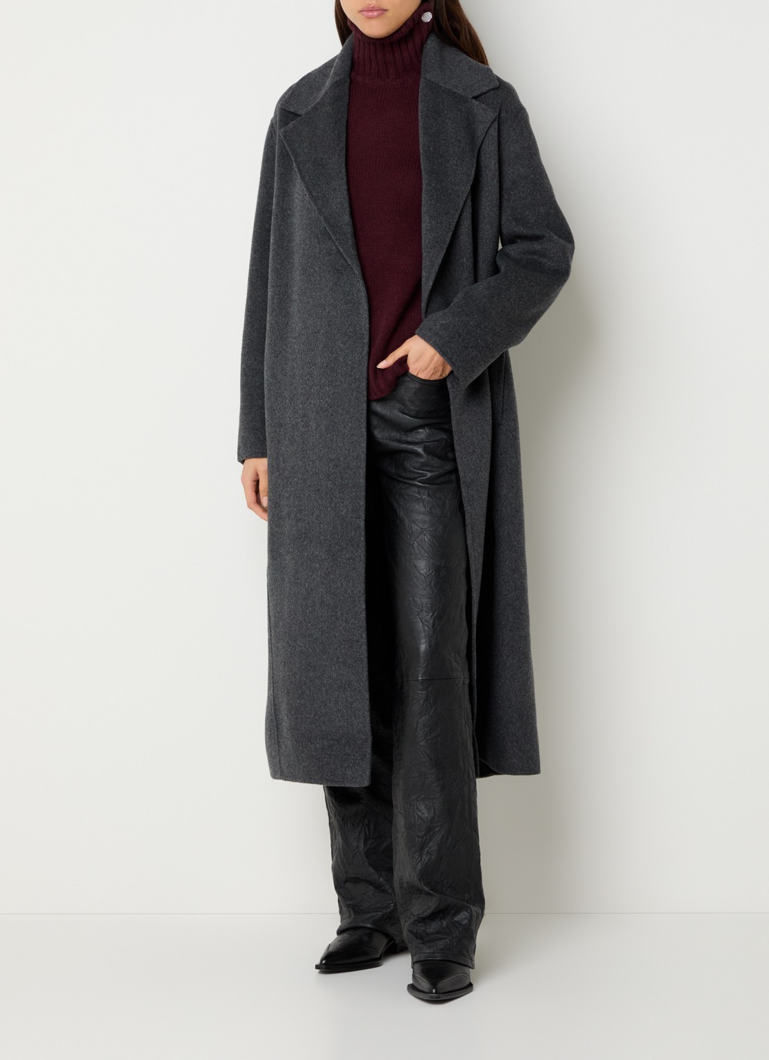 Zadig&Voltaire Meli mantel in wolblend met strikceintuur - voorkant 4 antraciet