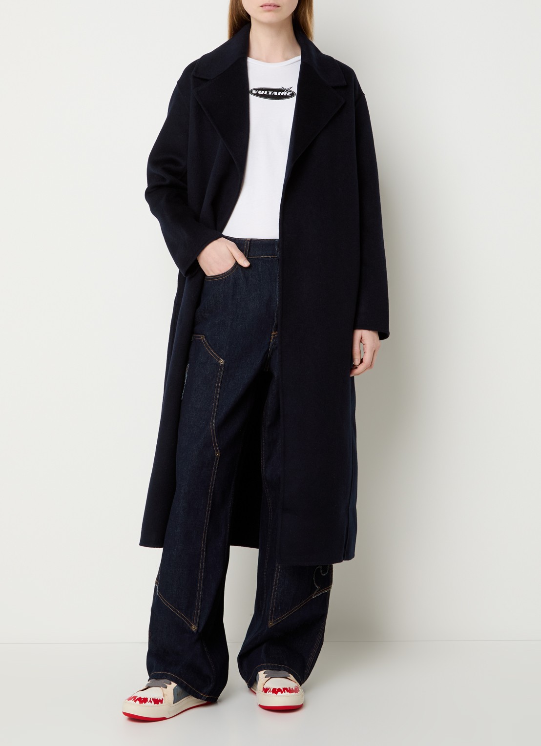 Zadig&Voltaire Meli mantel in wolblend met strikceintuur - voorkant 3 donkerblauw