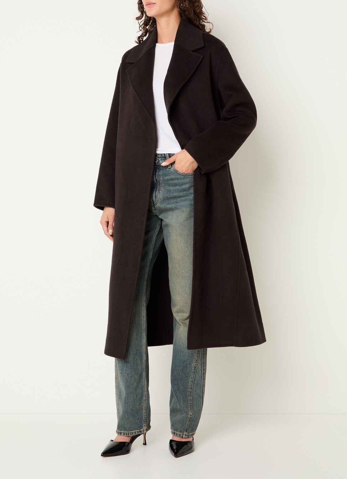 Zadig&Voltaire Meli mantel in wolblend met strikceintuur - voorkant 3 donkerbruin