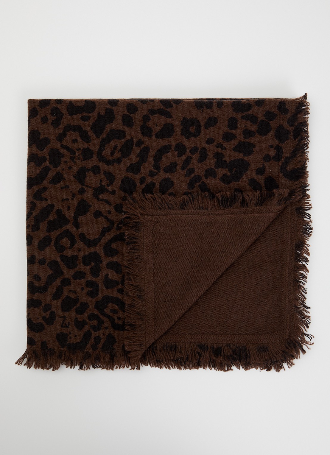 Zadig&Voltaire Mini Stevie Leo sjaal van kasjmier met panterprint en franjes 55 x 55 cm - voorkant 3 donkerbruin