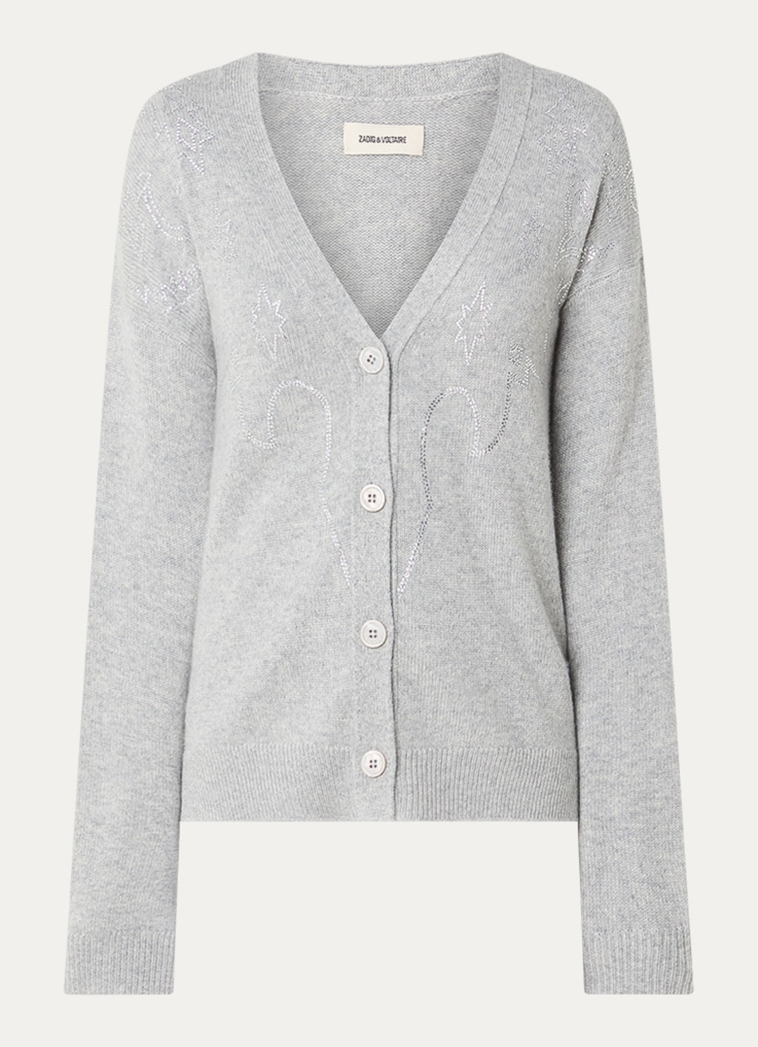 Zadig&Voltaire Mirkaz fijngebreid vest van kasjmier met strass - voorkant 2 lichtgrijs