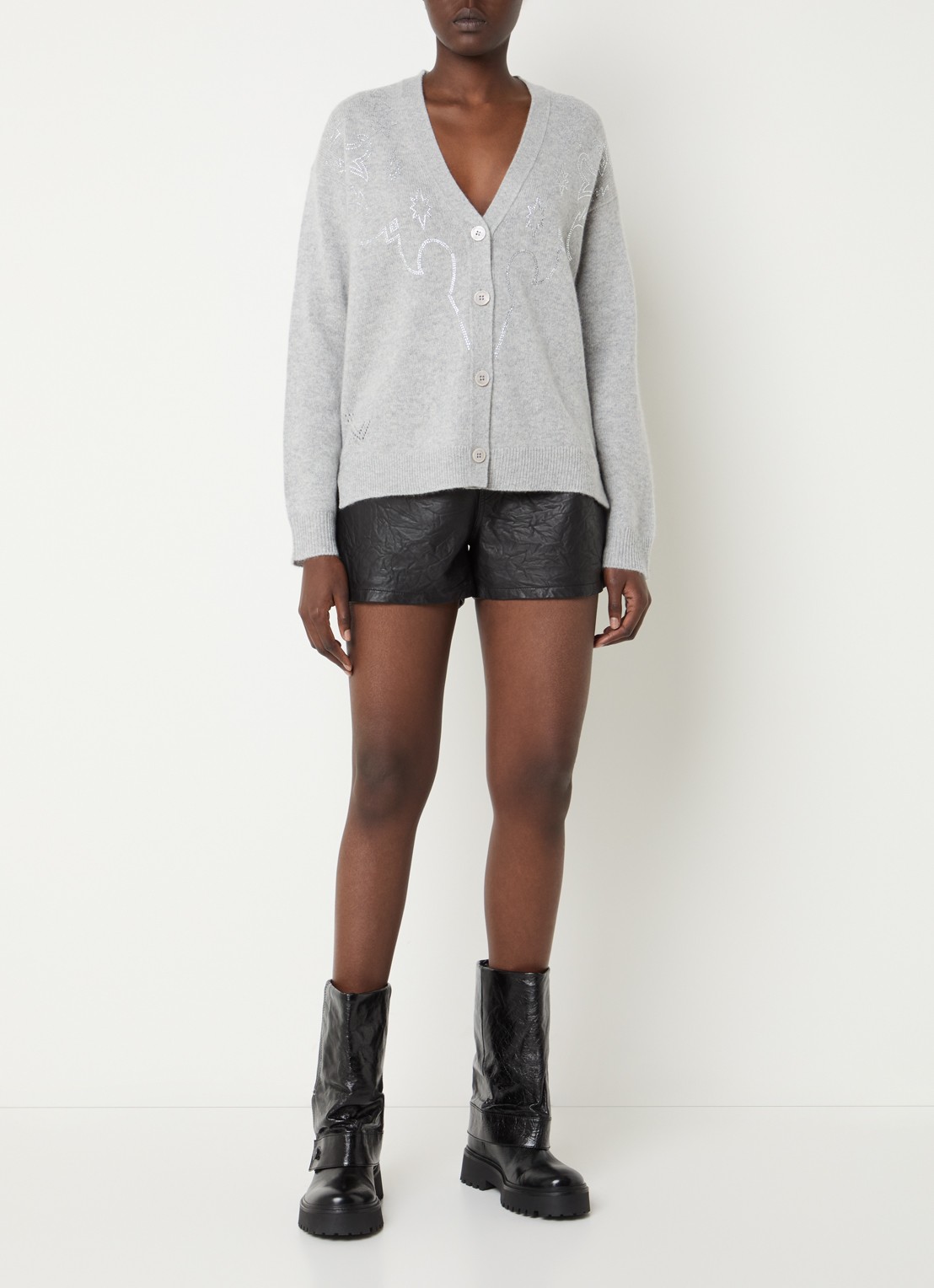 Zadig&Voltaire Mirkaz fijngebreid vest van kasjmier met strass - voorkant 3 lichtgrijs