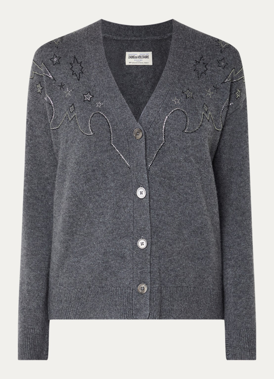 Zadig&Voltaire Mirkaz fijngebreid vest van kasjmier met strass - voorkant 2 antraciet