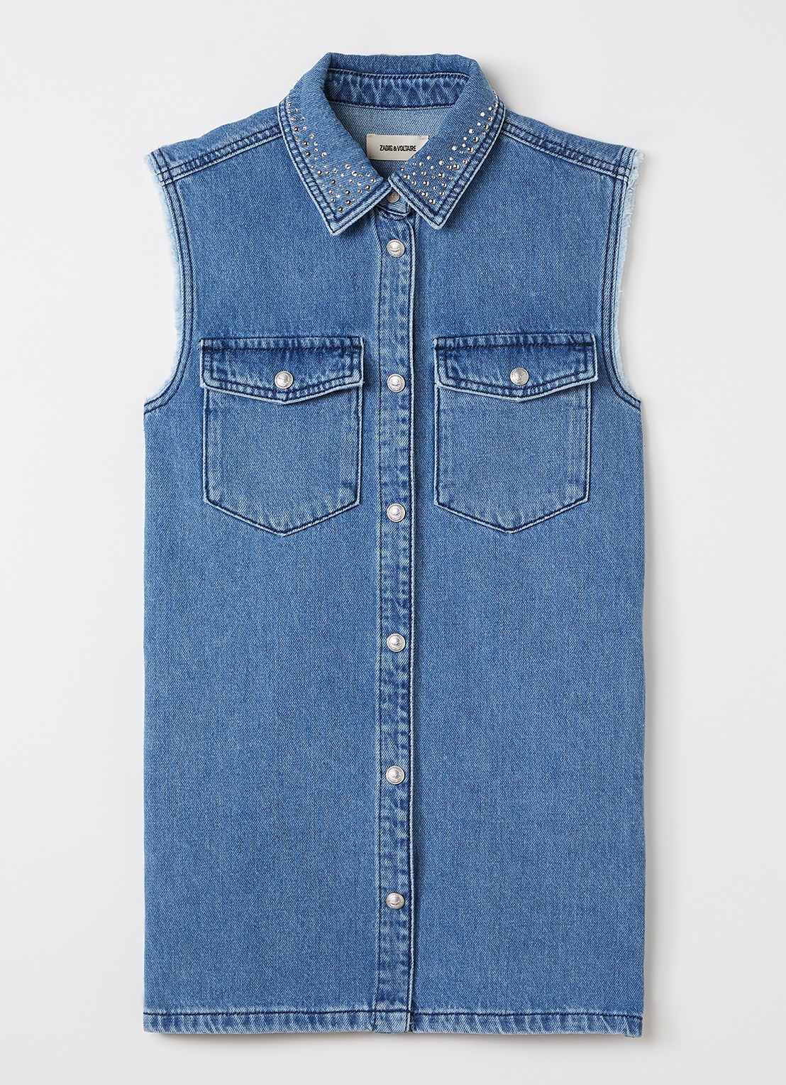 Zadig&Voltaire Mouwloze denim blousejurk met strass - voorkant indigo