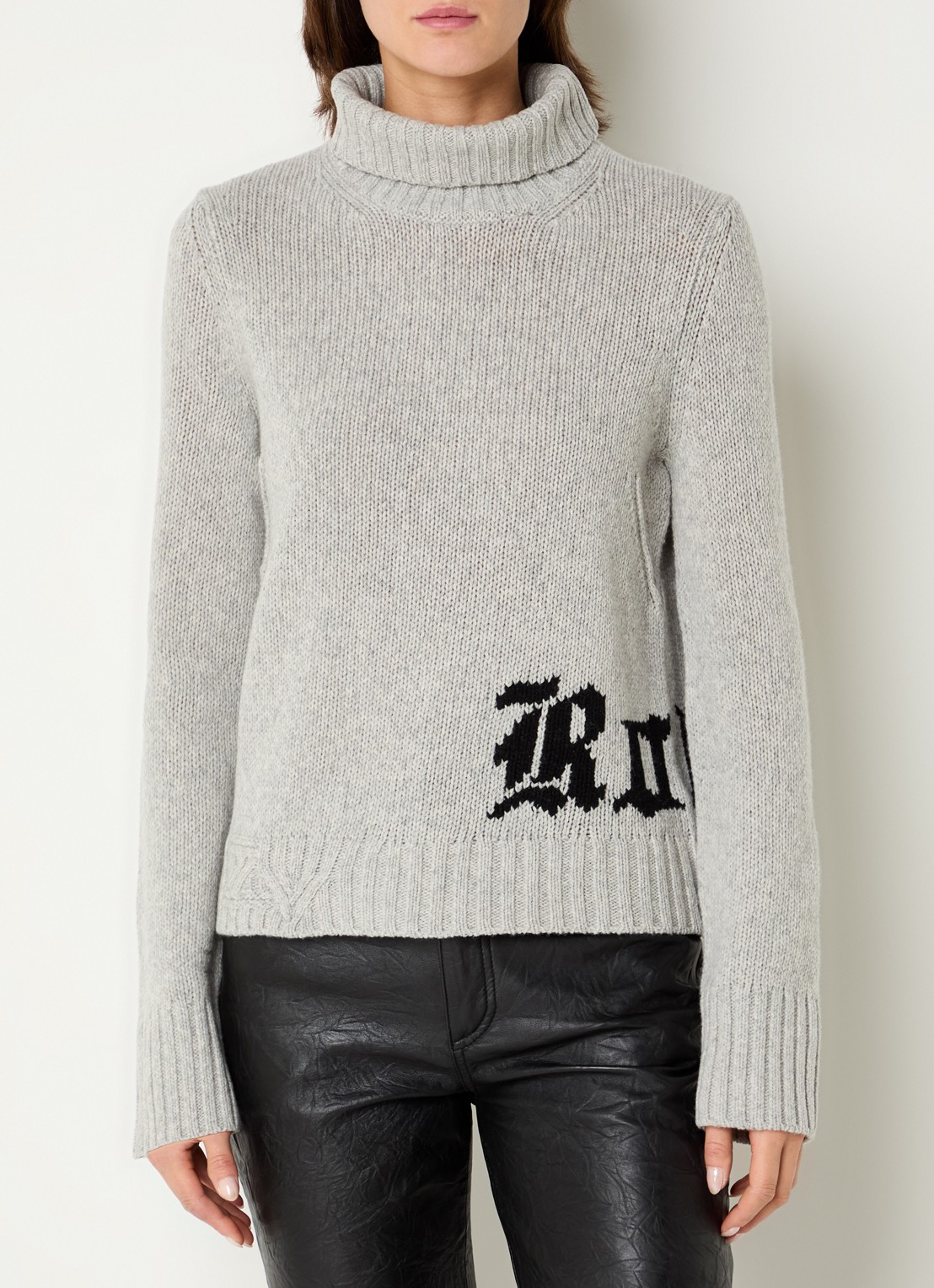 Zadig&Voltaire Nalma grofgebreide trui van merino wol met col - detail 4 lichtgrijs