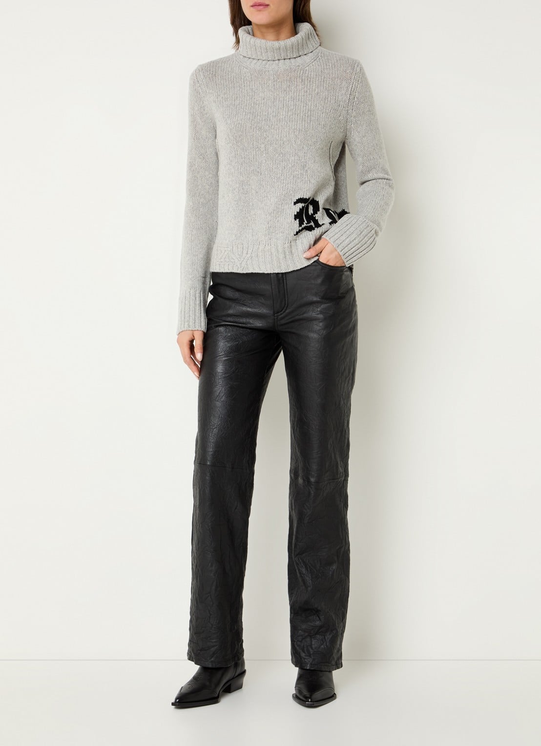 Zadig&Voltaire Nalma grofgebreide trui van merino wol met col - voorkant 2 lichtgrijs