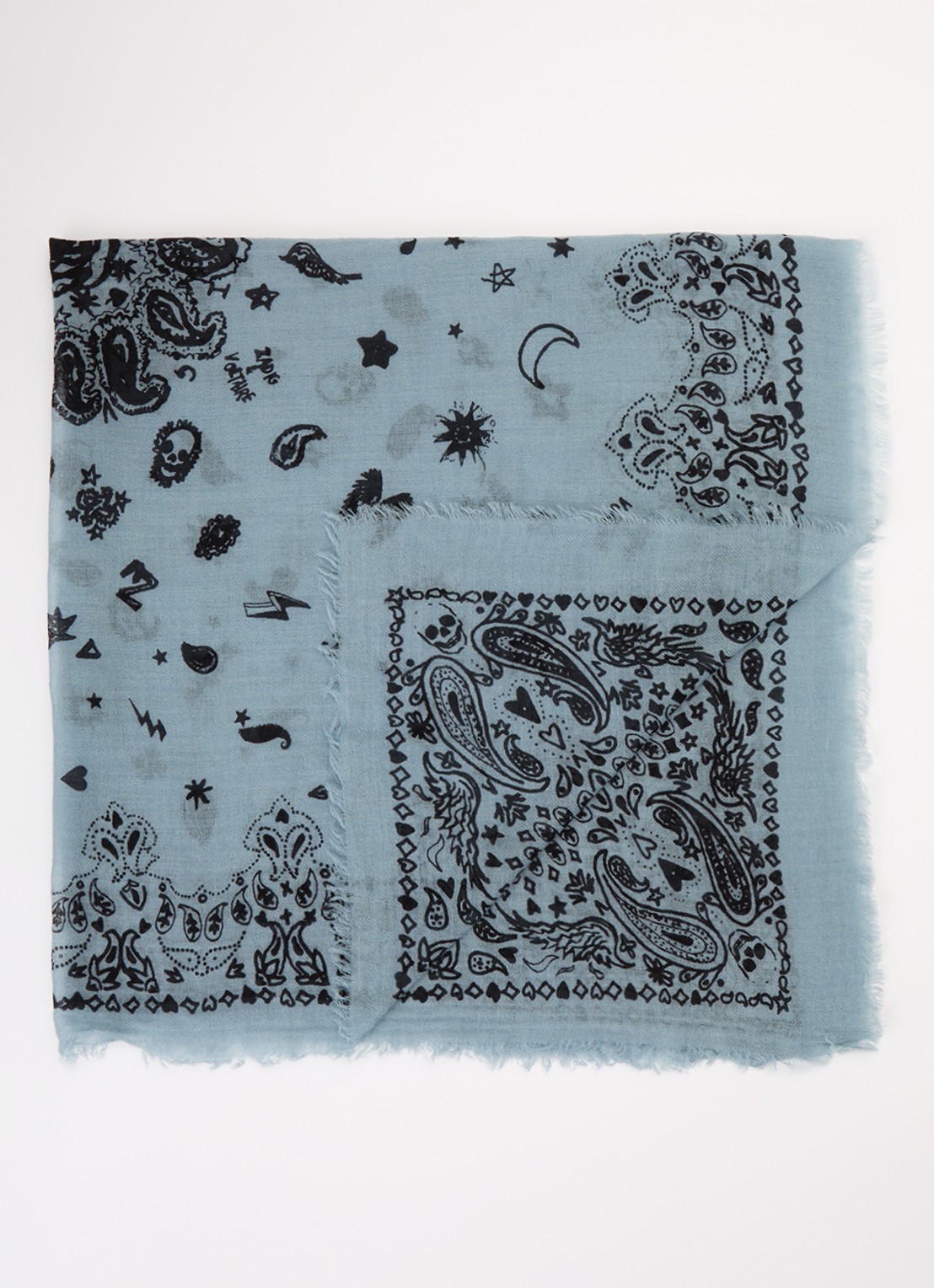 Zadig&Voltaire Nuage sjaal van kasjmier met paisley dessin 90 x 90 cm - voorkant 3 lichtblauw