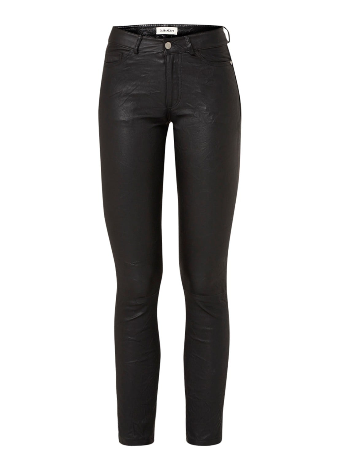 Zadig&Voltaire Phlame cropped skinny fit broek van lamsleer met gekreukte finish - voorkant zwart