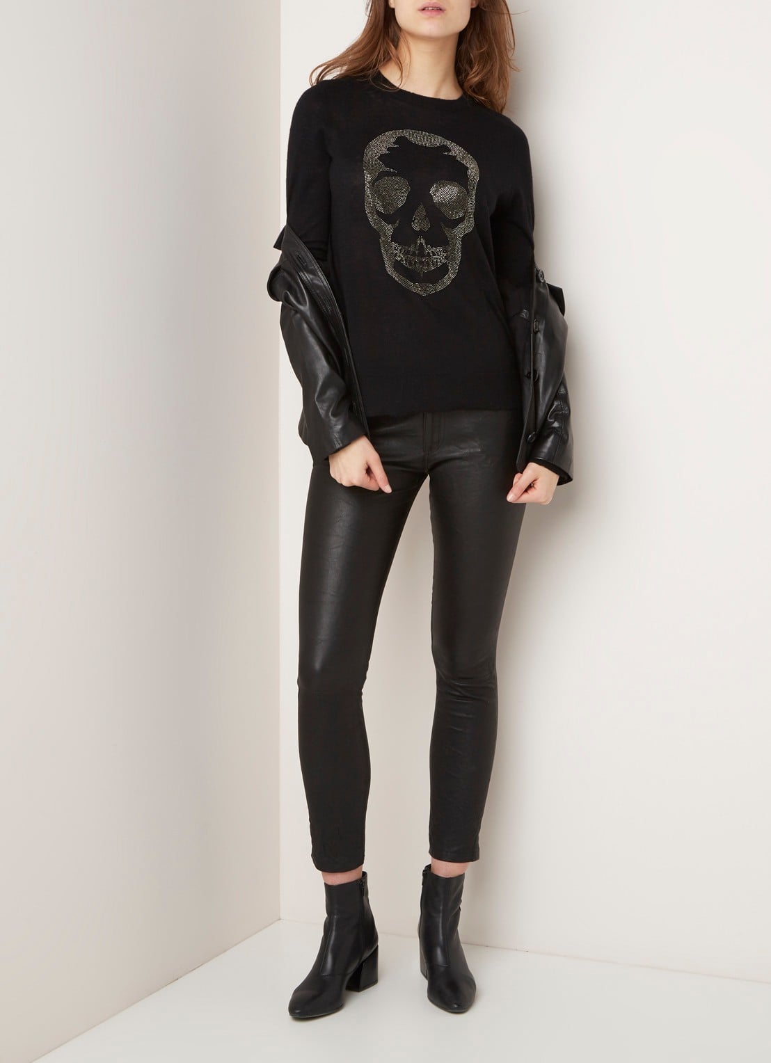 Zadig&Voltaire Phlame cropped skinny fit broek van lamsleer met gekreukte finish - voorkant 2 zwart