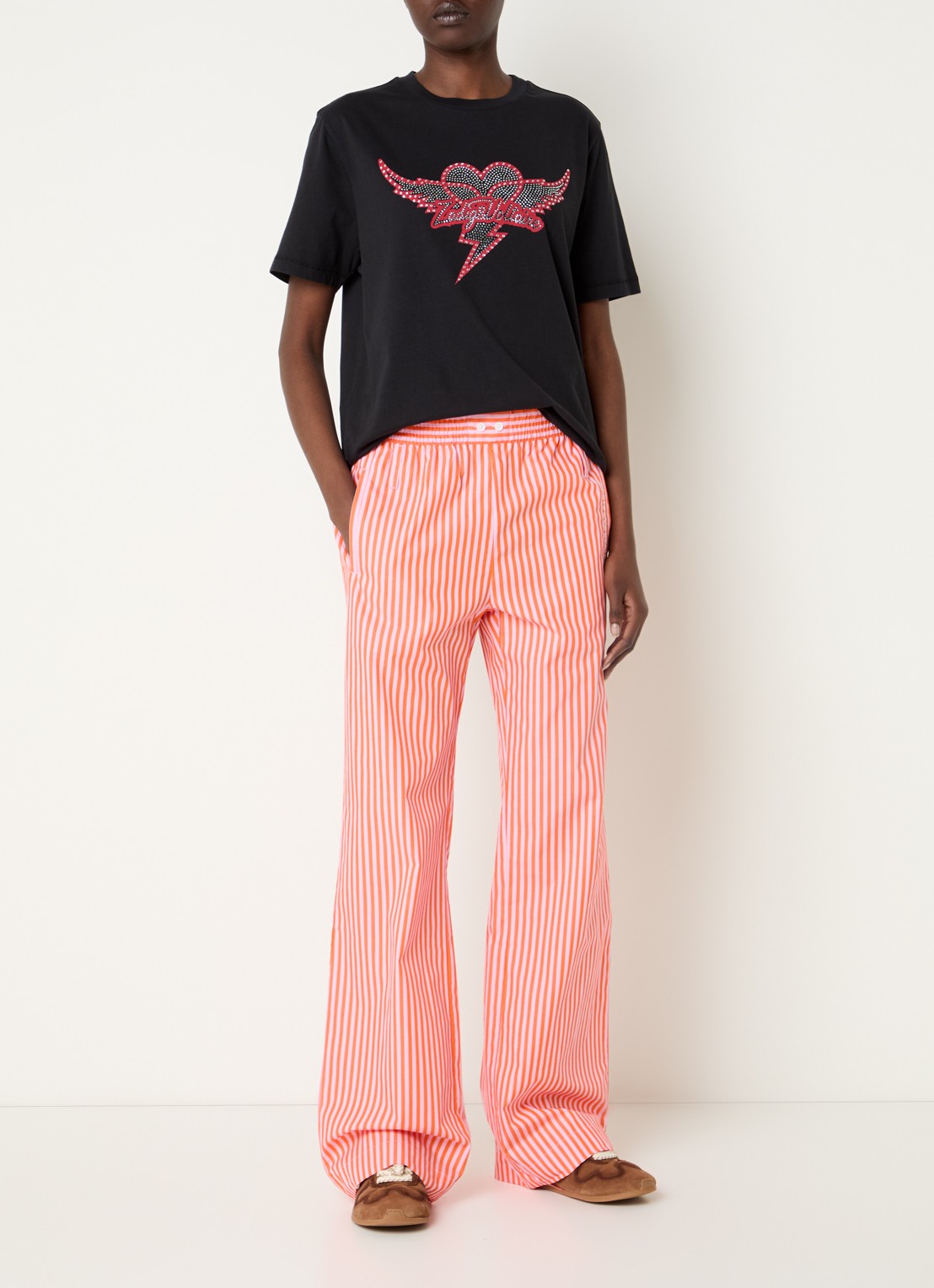 Zadig&Voltaire Poma high waist wide fit broek met streepprint - voorkant 3 oranje