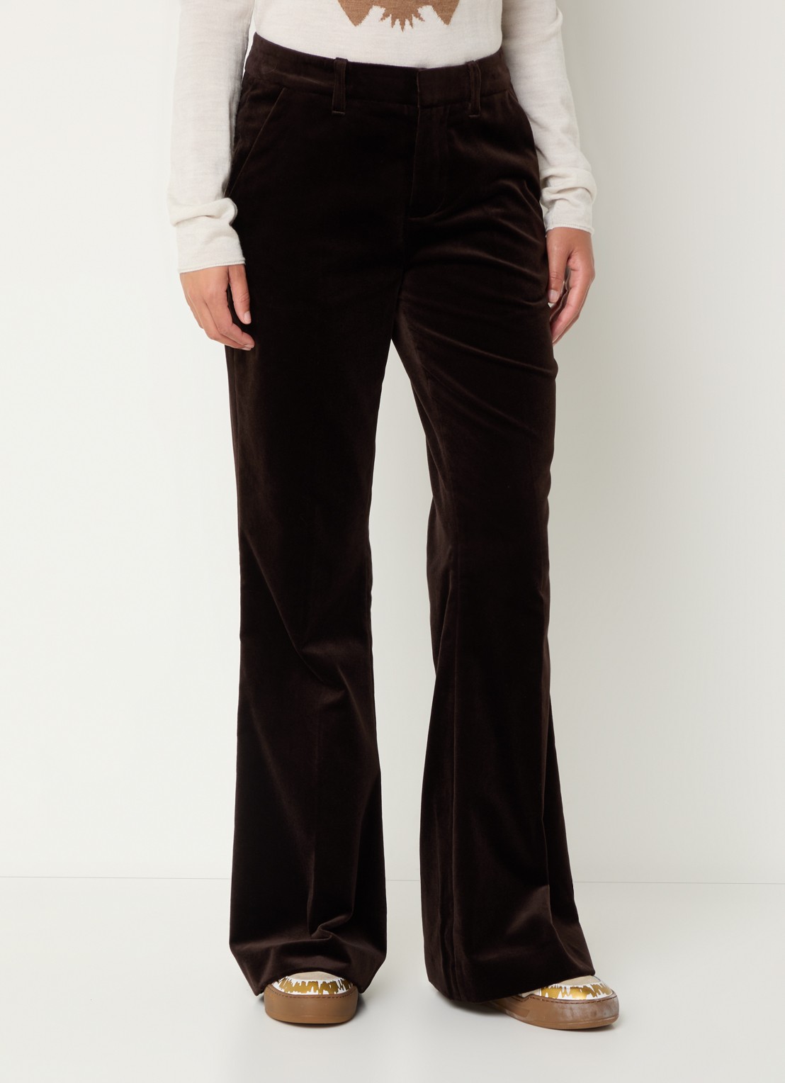 Zadig&Voltaire Prevy high waist flared fit pantalon van fluweel met steekzakken - detail 4 donkerbruin