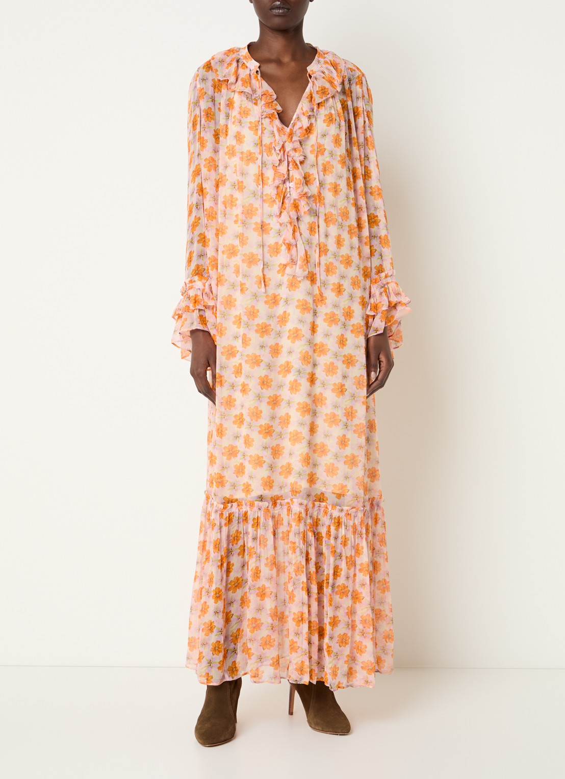 Zadig&Voltaire Ralicel maxi tuniekjurk met bloemenprint en ruches - detail 3 oranje